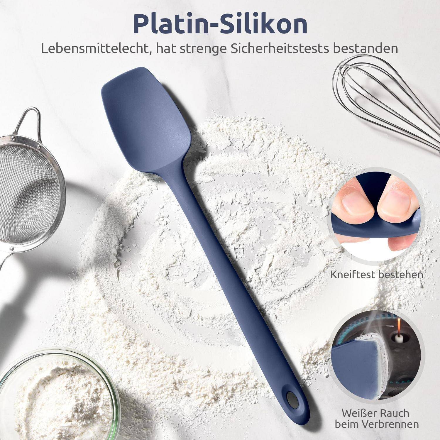 Advertising graphic for blue platinum silicone spatula with text 'Food-grade, passed strict safety tests' and test notes 'Pinch test passed' as well as 'White smoke when burning'.