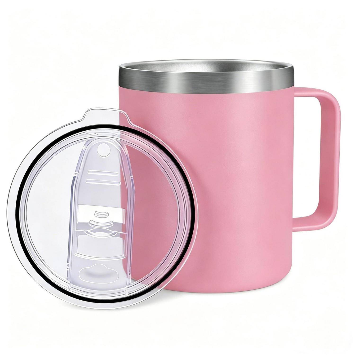 Rosa Edelstahlbecher mit Henkel und Metallrand, gezeigt mit transparentem Kunststoffdeckel mit Trinköffnung.