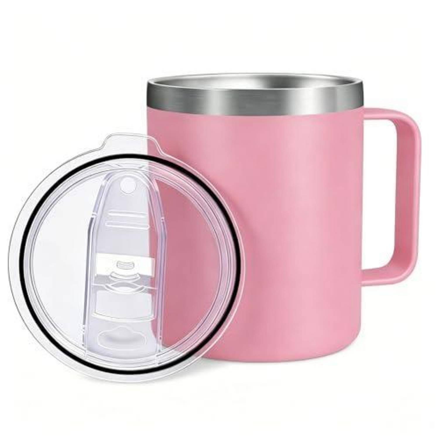 Rosa isolierte Reisebecher mit Griff und Edelstahlrand, gezeigt mit transparentem spritzwassergeschütztem Deckel.