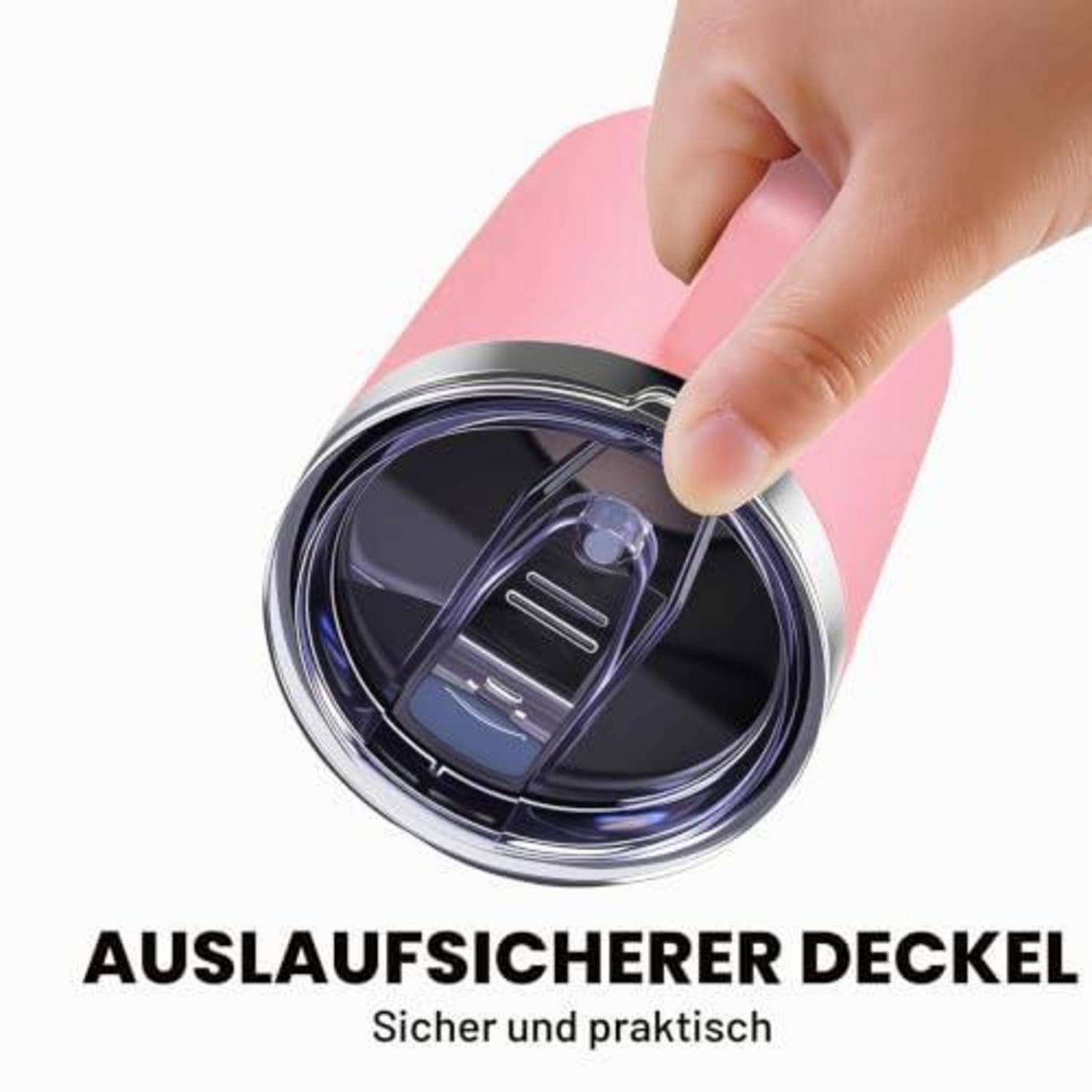 Rosa Trinkbecher mit auslaufsicherem Deckel wird von einer Hand gehalten; der Text sagt „AUSLAUFSICHERER DECKEL