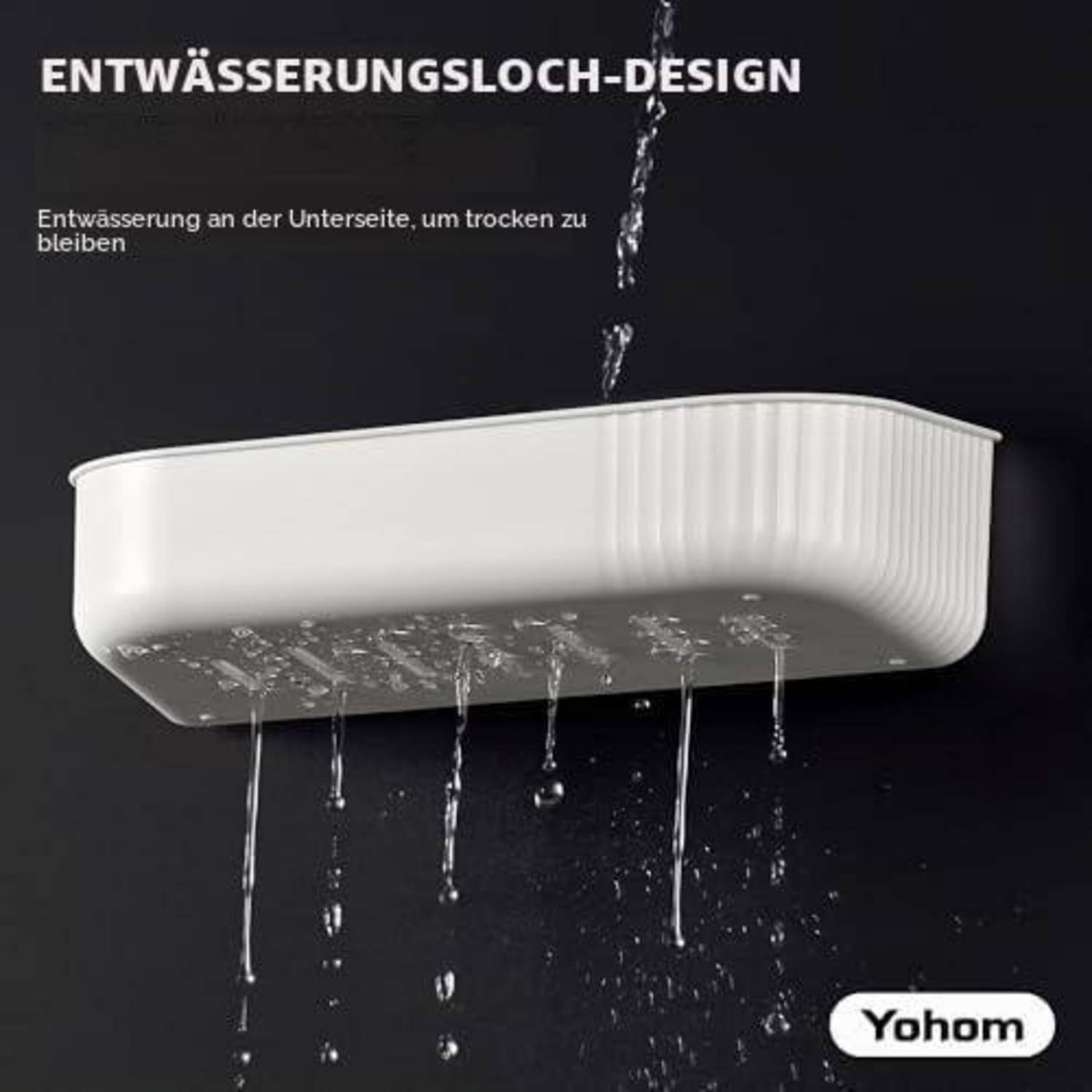 Illustration eines weißen Behälters mit Entwässerungslöchern am Boden; Wasser fließt ein und läuft ab. Deutscher Text lautet "ENTWÄSSERUNGSLOCH-DESIGN"" und ""Entwässerung an der Unterseite, um trocken zu bleiben."