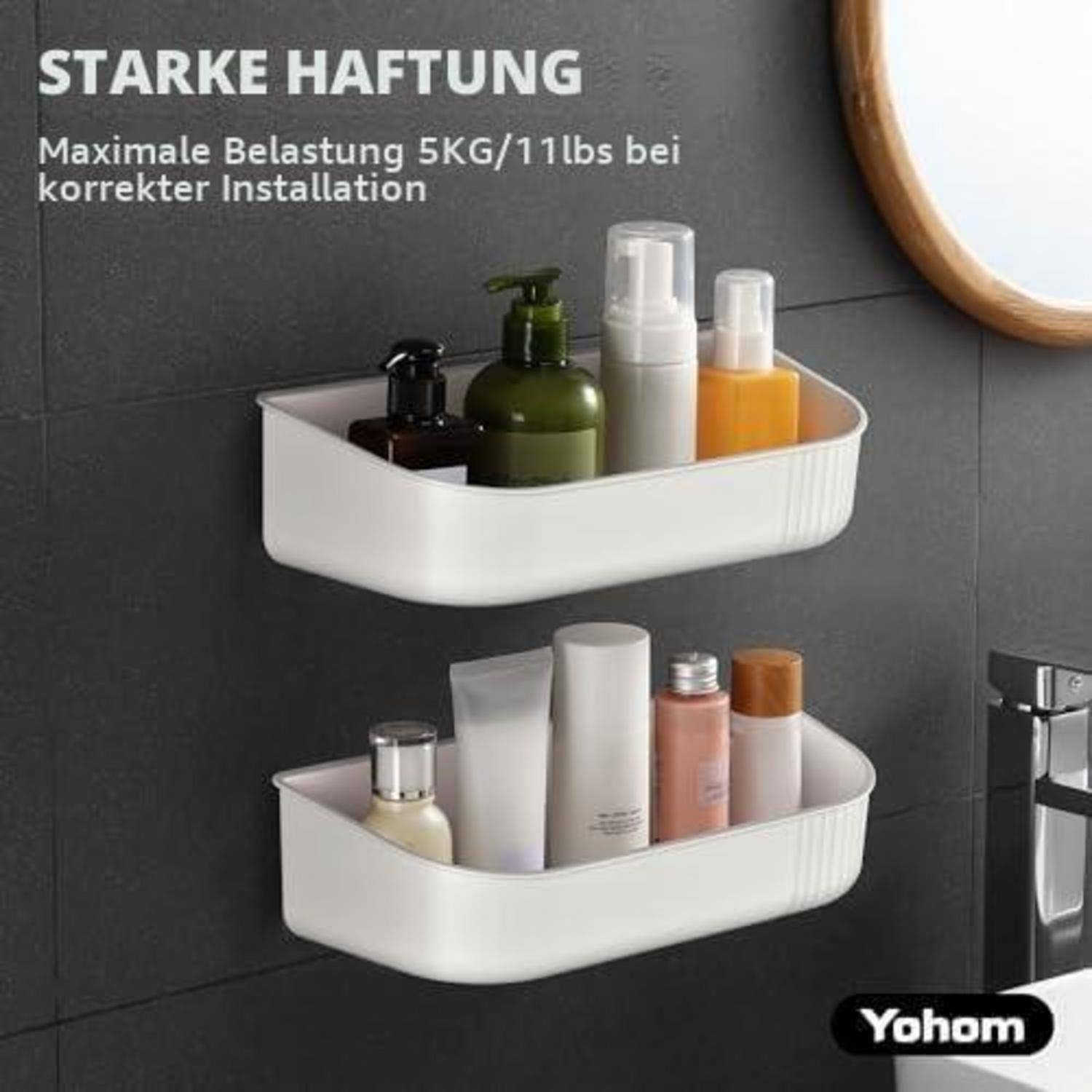 An der Wand montierte weiße Badezimmer-Lagerschränke mit Toilettenartikeln; der Text lautet „STARKE HAFTUNG" und „Maximale Belastung 5KG/11lbs bei korrekter Installation"".