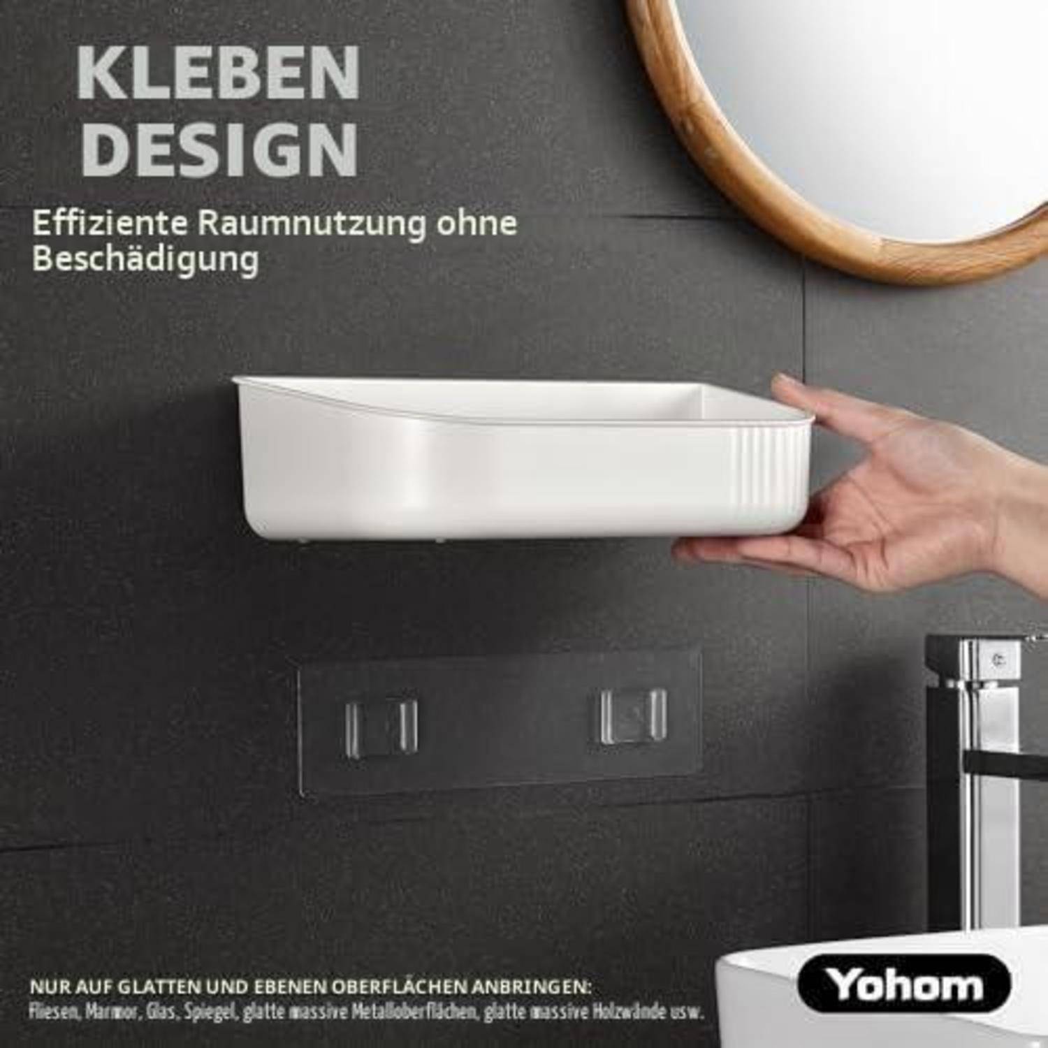 Haftungs-Wandregal an einer dunklen gefliesten Badezimmerwand befestigt, mit deutschem Text „KLEBEN DESIGN" und „Effiziente Raumnutzung ohne Beschädigung"".