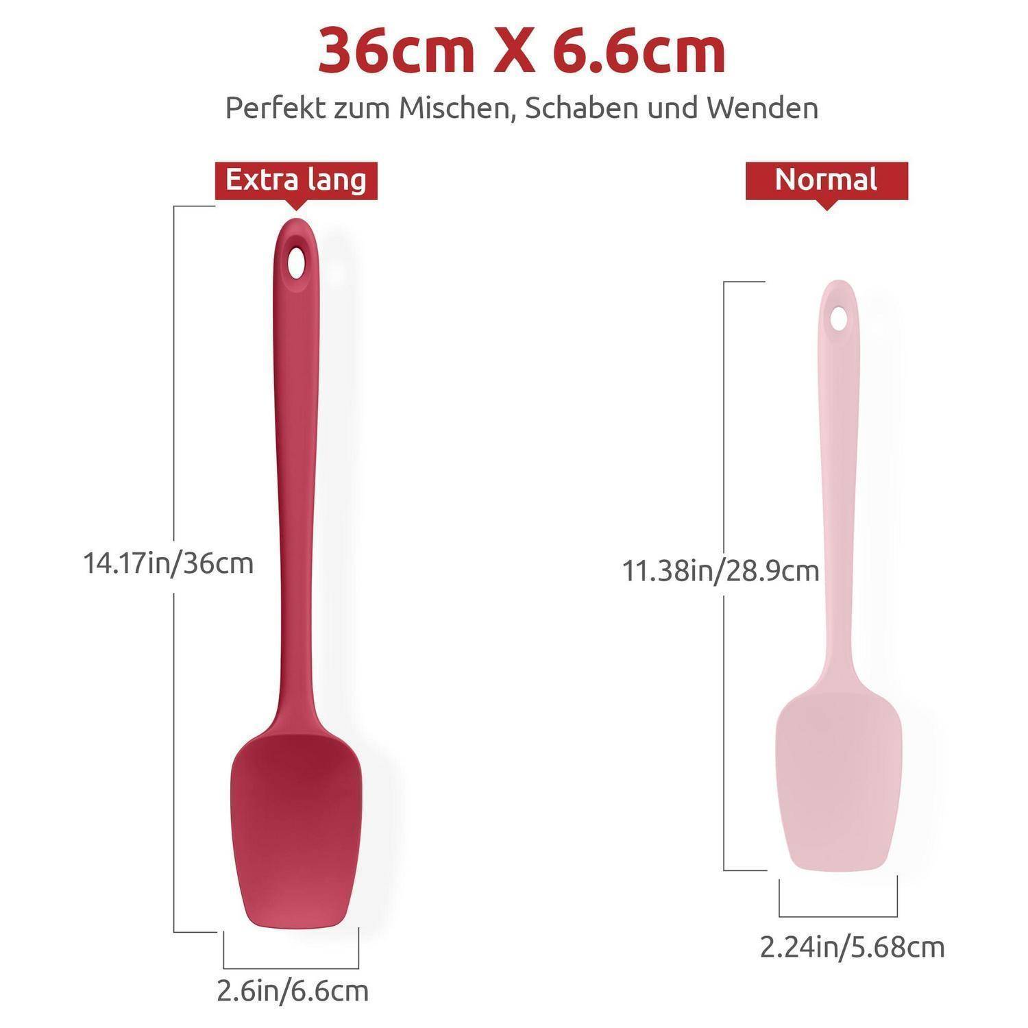 Vergleich zweier Spatel: 'Extra lang' 36 cm x 6,6 cm und 'Normal' 28,9 cm x 5,68 cm, bezeichnet als ideal zum Mischen, Kratzen und Wenden.