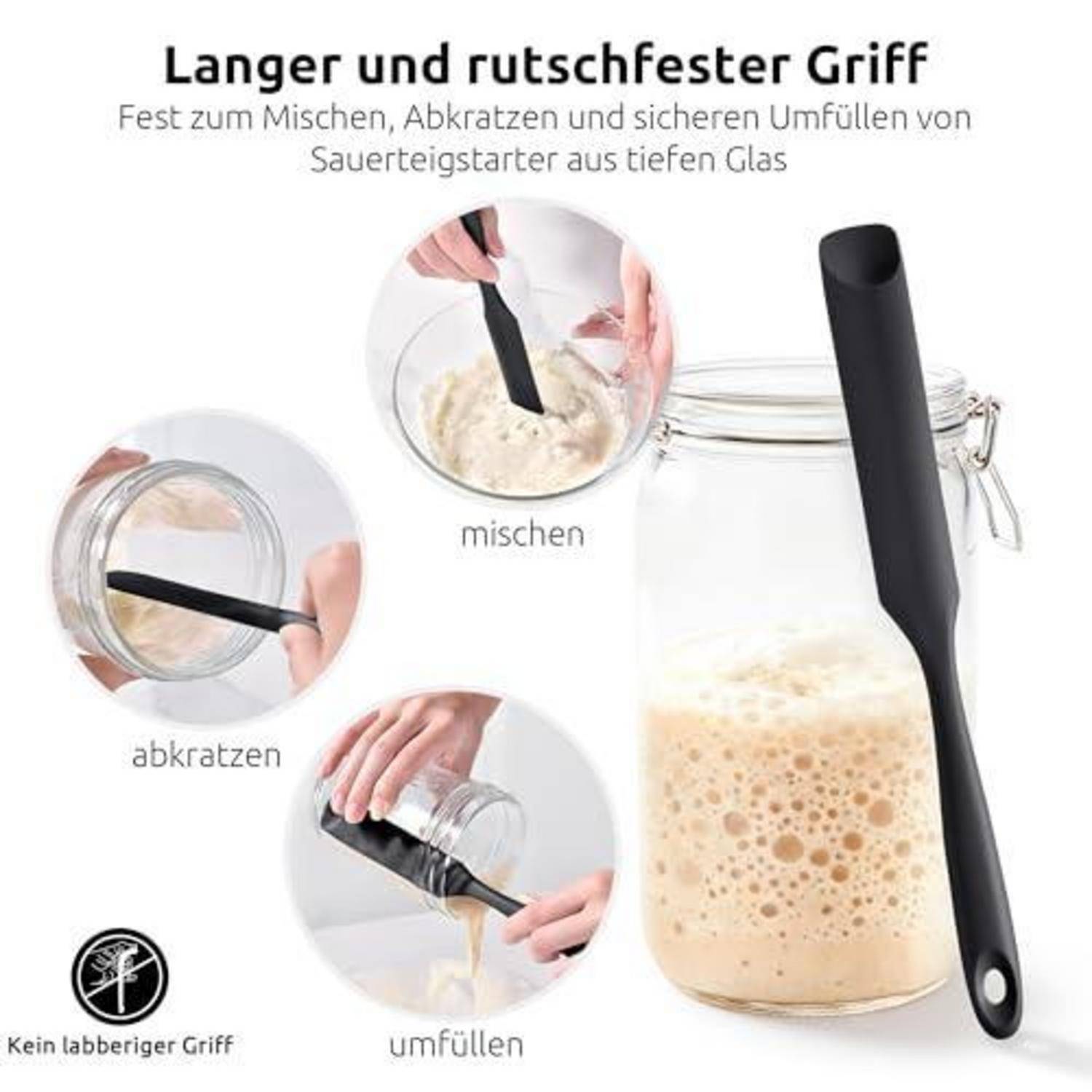 Produktbild eines langen, rutschfesten Rührwerkzeugs zum Mischen, Abkratzen und Umfüllen aus tiefen Gläsern, gezeigt mit deutschen Beschriftungen 'mischen', 'abkratzen' und 'umfüllen'.