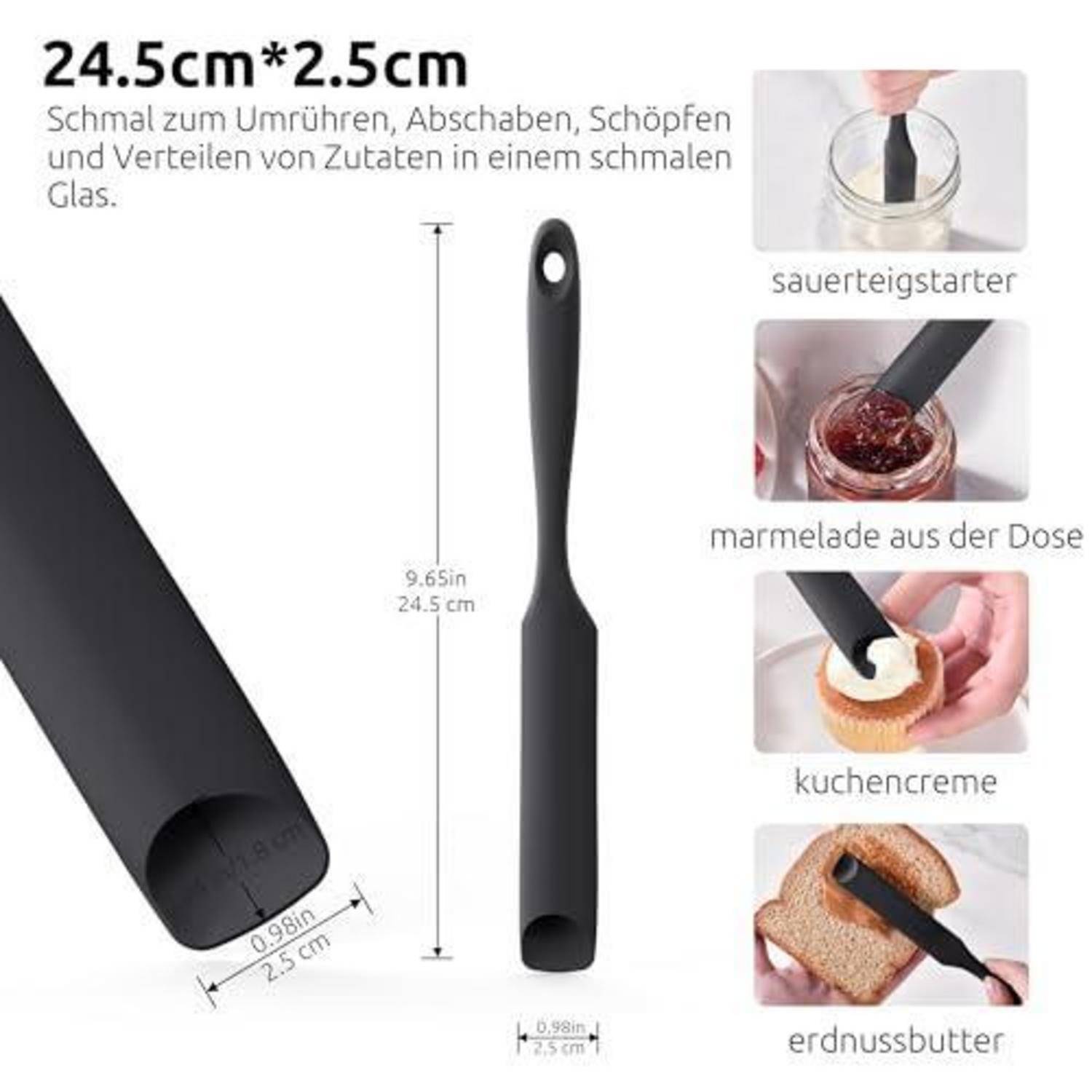 Schwarzter 24,5 cm Silikon-Spatel mit Beschriftung zum Rühren, Schaben und Verstreichen in engen Gläsern; gezeigt mit Anwendungen für Sauerteigstarter, Marmelade, Creme und Erdnussbutter.