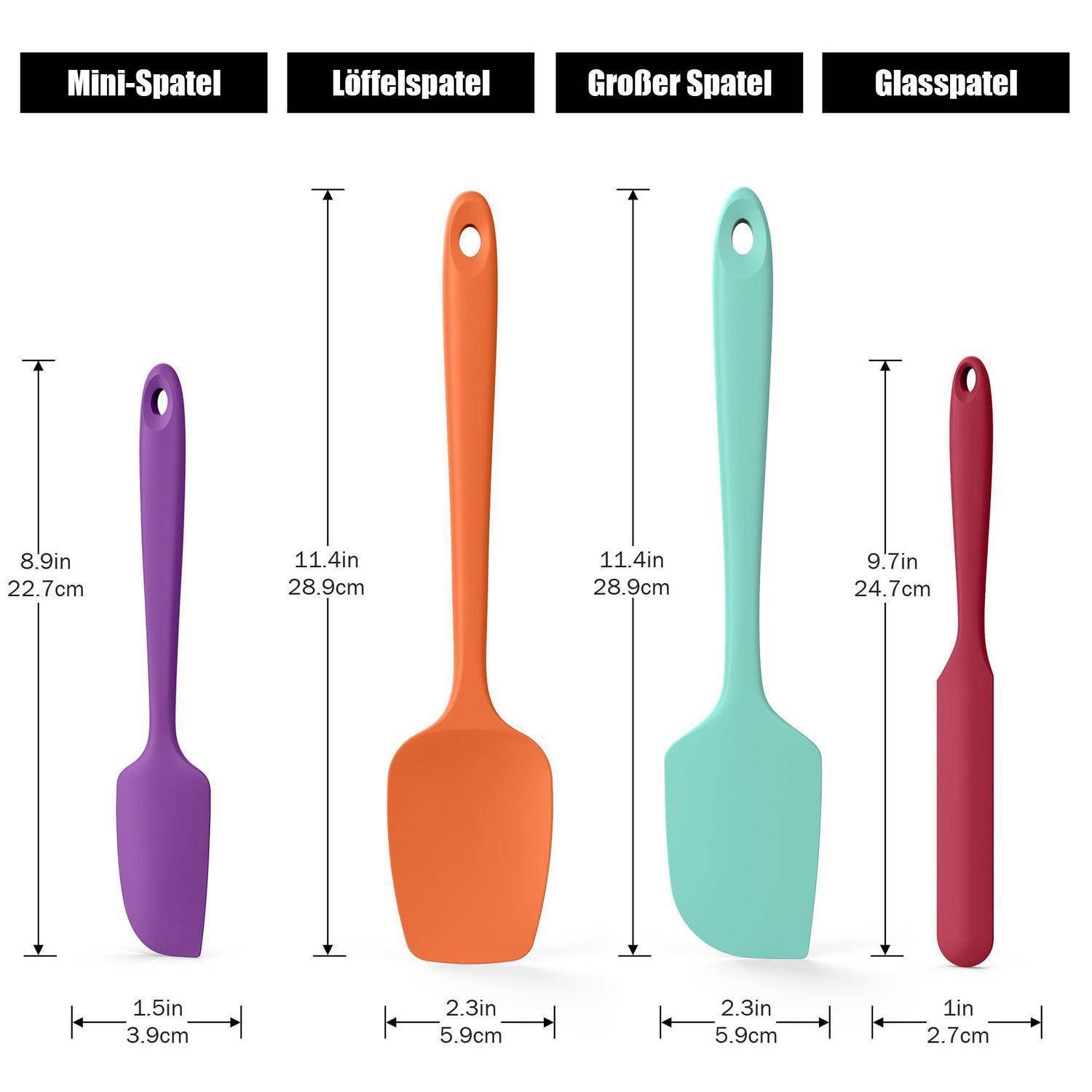 Vergleichstabelle von vier Spachteln mit Namen und Größen: Mini-Spatel 8,9 Zoll, Löffelspatel 11,4 Zoll, Großer Spatel 11,4 Zoll und Glasspatel 9,7 Zoll.