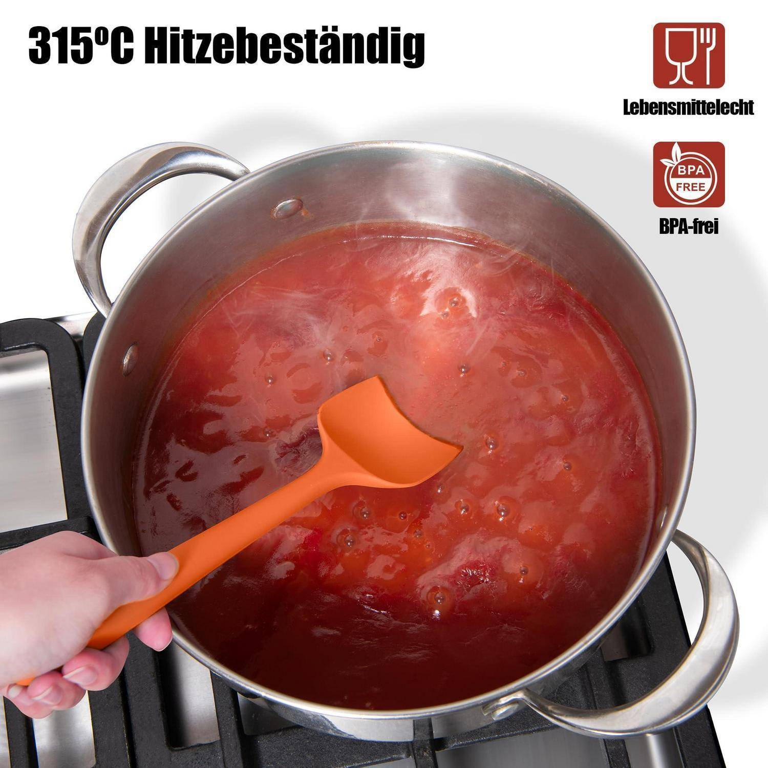 Oranger Spatel rührt in einem Topf mit roter Sauce auf einem Herd; Text besagt '315°C Hitzebeständig' und Symbole zeigen lebensmittelsicher und BPA-frei.