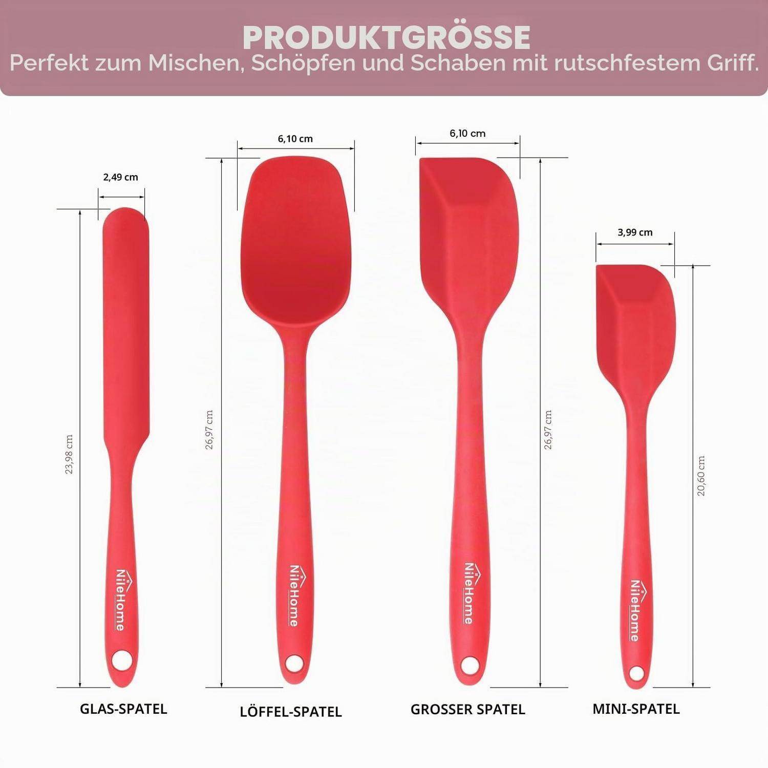 Produktgrößentabelle mit vier roten Silikonspachteln und Messwerten: Glasspachtel, Löffelspachtel, großer Spachtel und Mini-Spachtel.