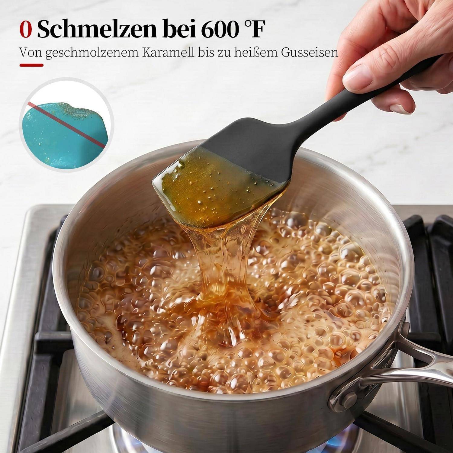 Hand rührt kochendes Karamell in einem Topf auf einem Kochfeld; Text sagt „Schmelzen bei 600 °F