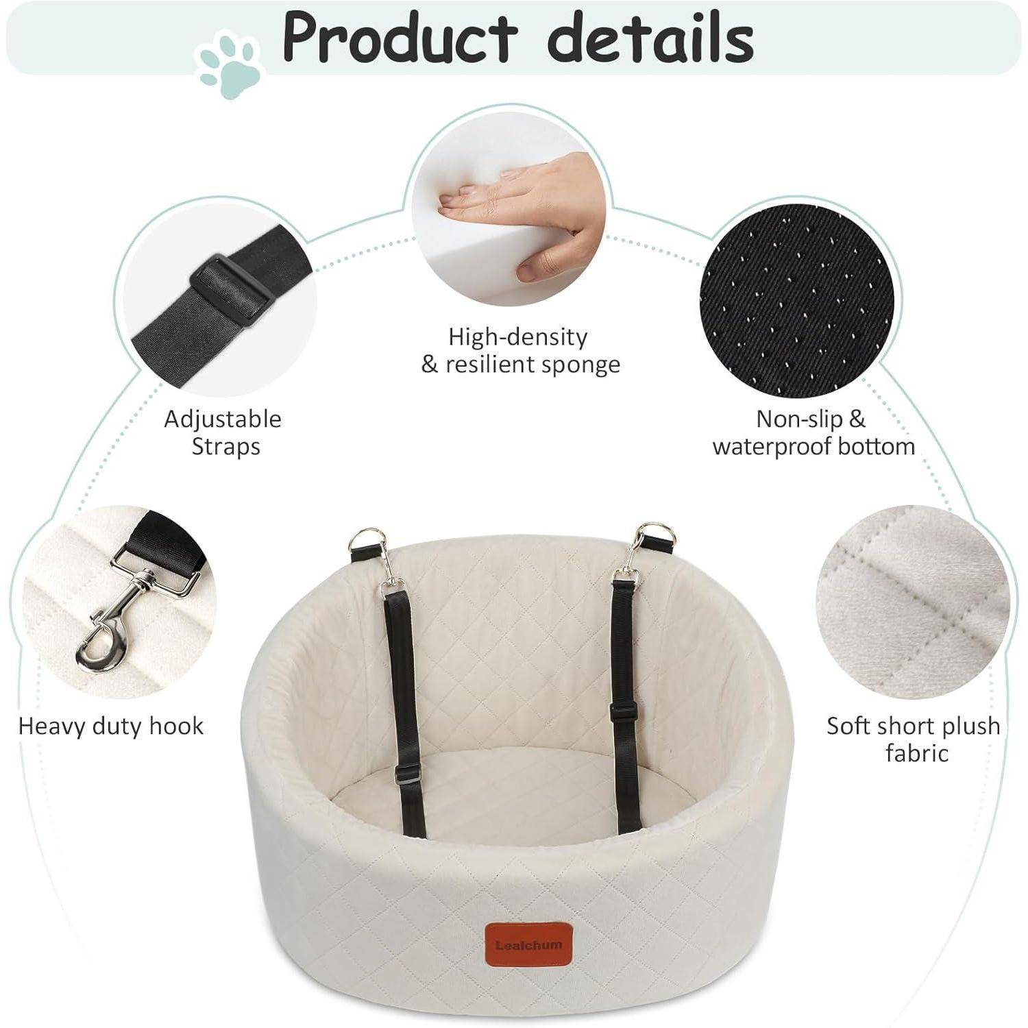 Produktdetailbild eines Haustier-Booster-Sitzes/Bettes mit verstellbaren Riemen, robusten Haken, hochdichtem Schwamm, weichem Kurzplüsch und rutschfestem wasserdichtem Boden.