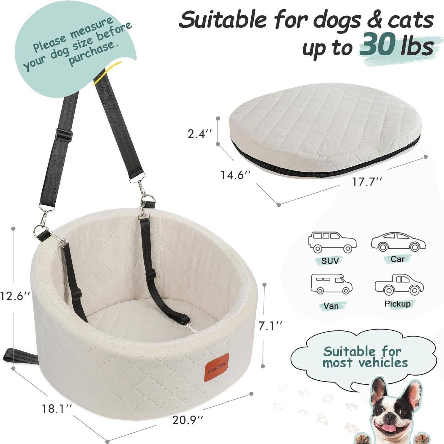 Umwandelbares Hundewagensitz-Bett mit Riemensystem; geeignet für Hunde und Katzen bis 30 Pfund, passt in die meisten Fahrzeuge. Abmessungen wie gezeigt: 20,9 x 18,1 x 12,6 Zoll, Bett 17,7 x 14,6 x 2,4 Zoll.