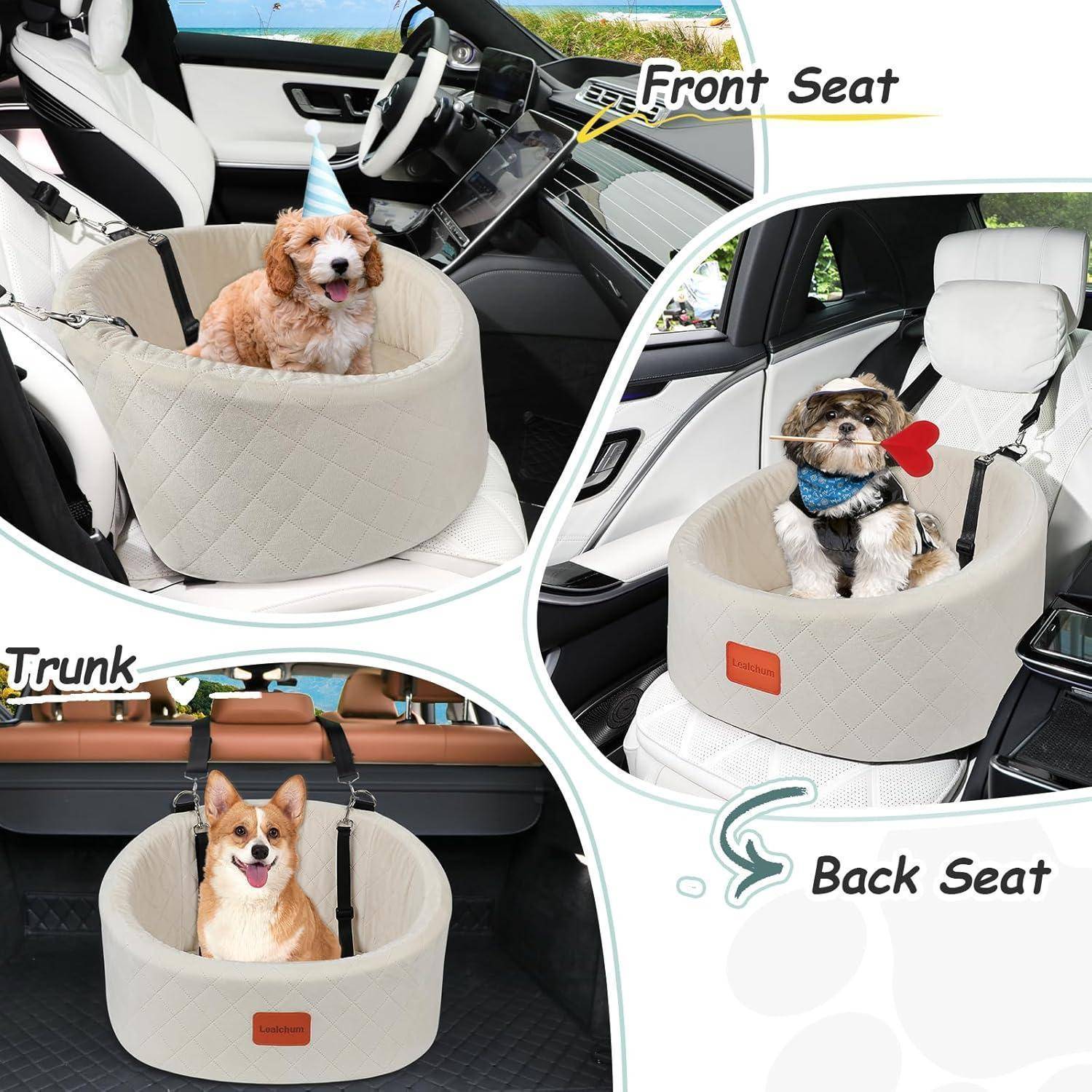 Collage mit einem beigen Autositz im Eimerstil für Haustiere mit Hunden, die auf dem Vordersitz, Rücksitz und im Kofferraum eines Autos gesichert sind.