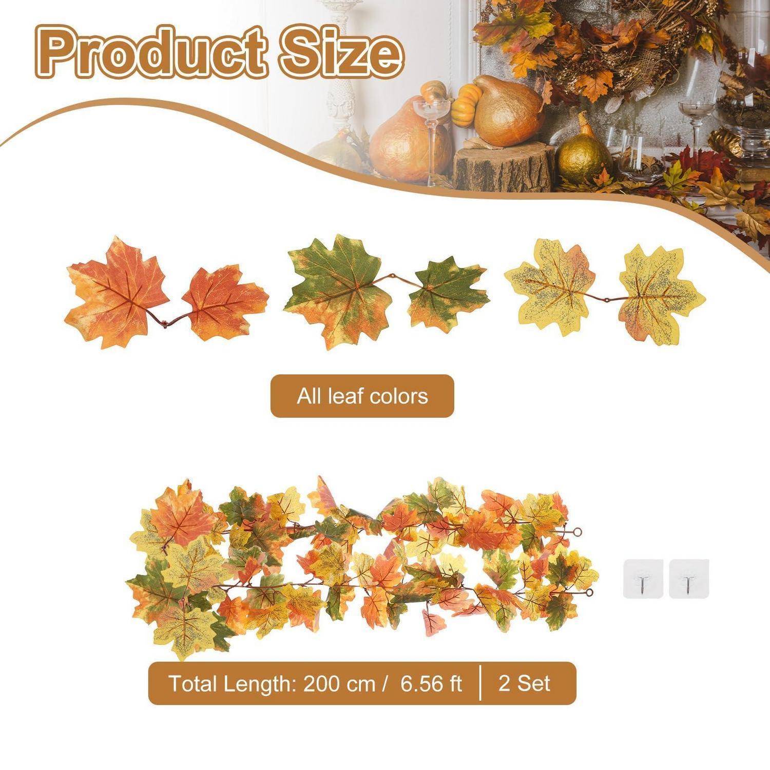Produktgrößentabelle für künstliche Herbst-Ahornblatt-Girlanden mit gemischten Blattfarben und Gesamtlänge 200 cm (6,56 ft), 2 Sets.