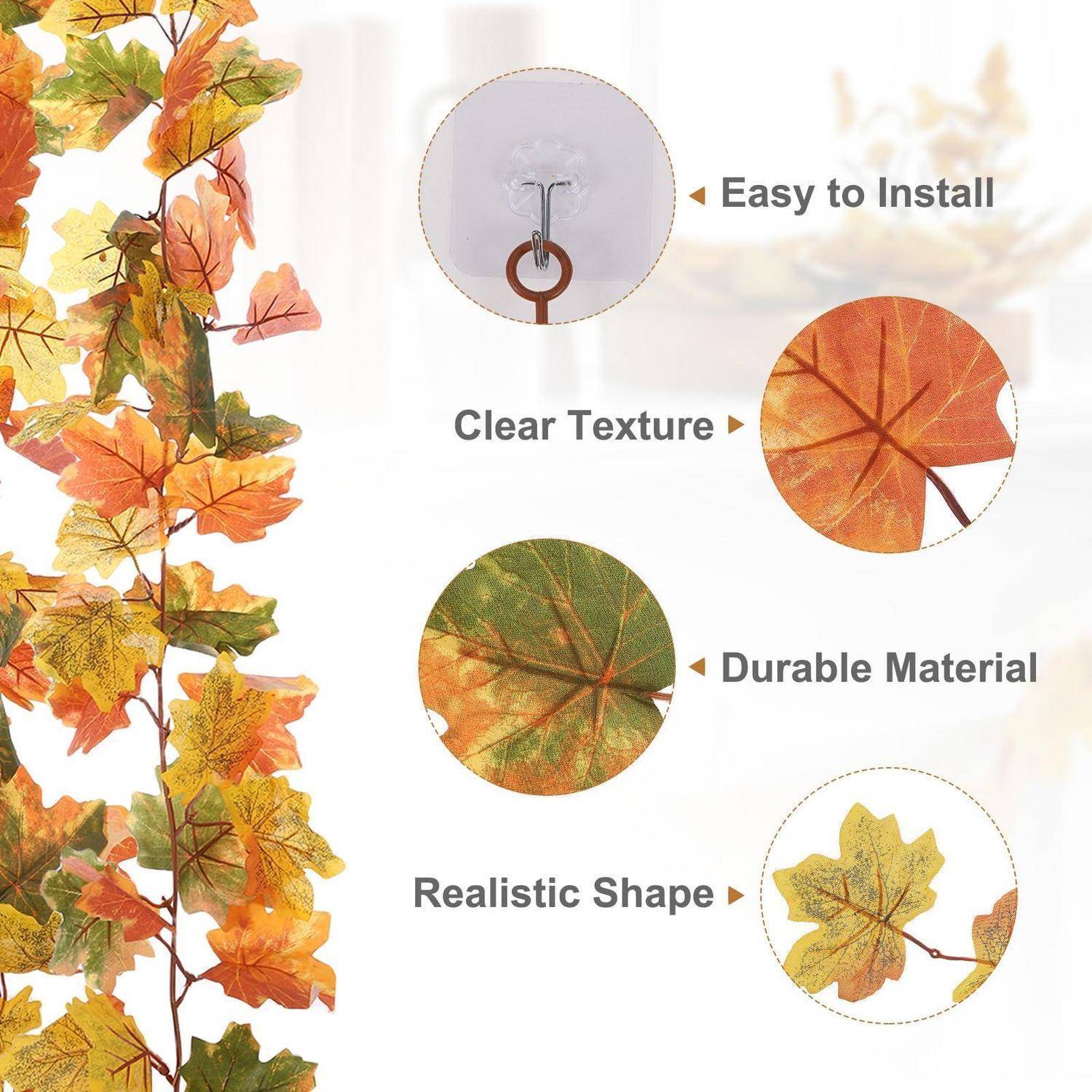 Dekorative Herbstlaub-Girlande mit Beschriftungsfeldern, die einfache Installationshaken, klare Textur, langlebiges Material und realistische Form zeigen.