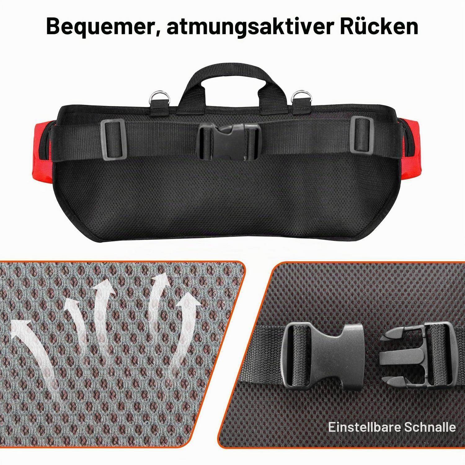Schwarzer Rucksack-Hüftgurt mit gepolsterter, atmungsaktiver Rückenstütze und verstellbarer Schnalle; Deutsche Beschriftungen heben „Bequemer, atmungsaktiver Rücken" und „Einstellbare Schnalle"" hervor.