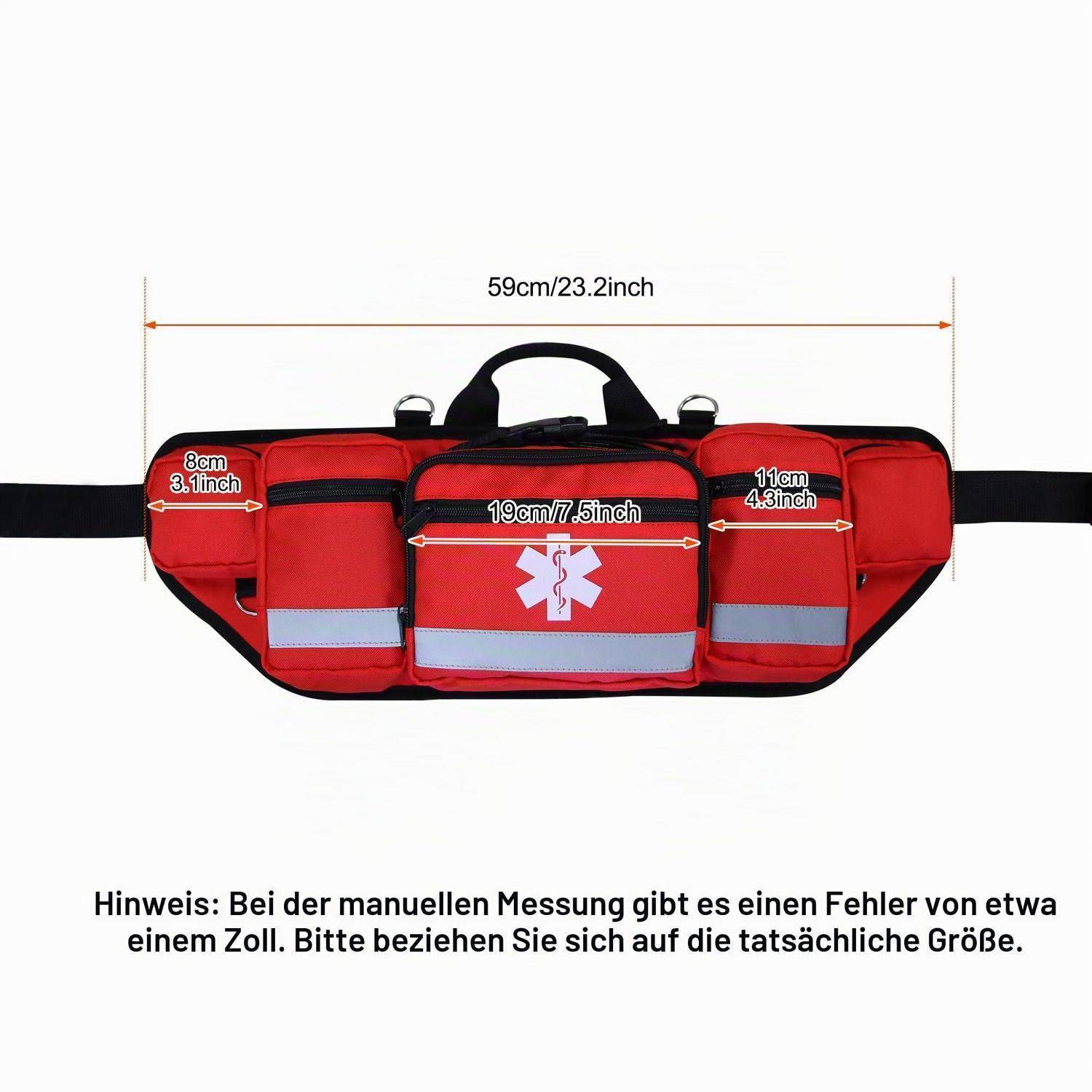 Rote Erste-Hilfe-Hüfttasche mit schwarzem Riemen und Griff, zeigt Größenmessungen 59 cm breit, 19 cm mittlere Tasche, 8 cm Seitentasche, 11 cm Seitenkompartiment; deutscher Hinweis auf Messfehler bei manueller Messung.