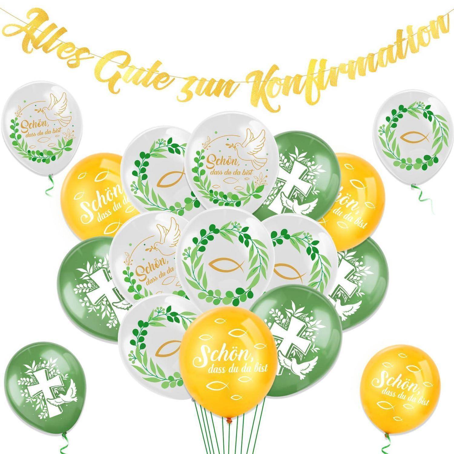 Bunte Ballonansammlung zur Konfirmation mit goldenem deutschem Text „Alles Gute zur Konfirmation