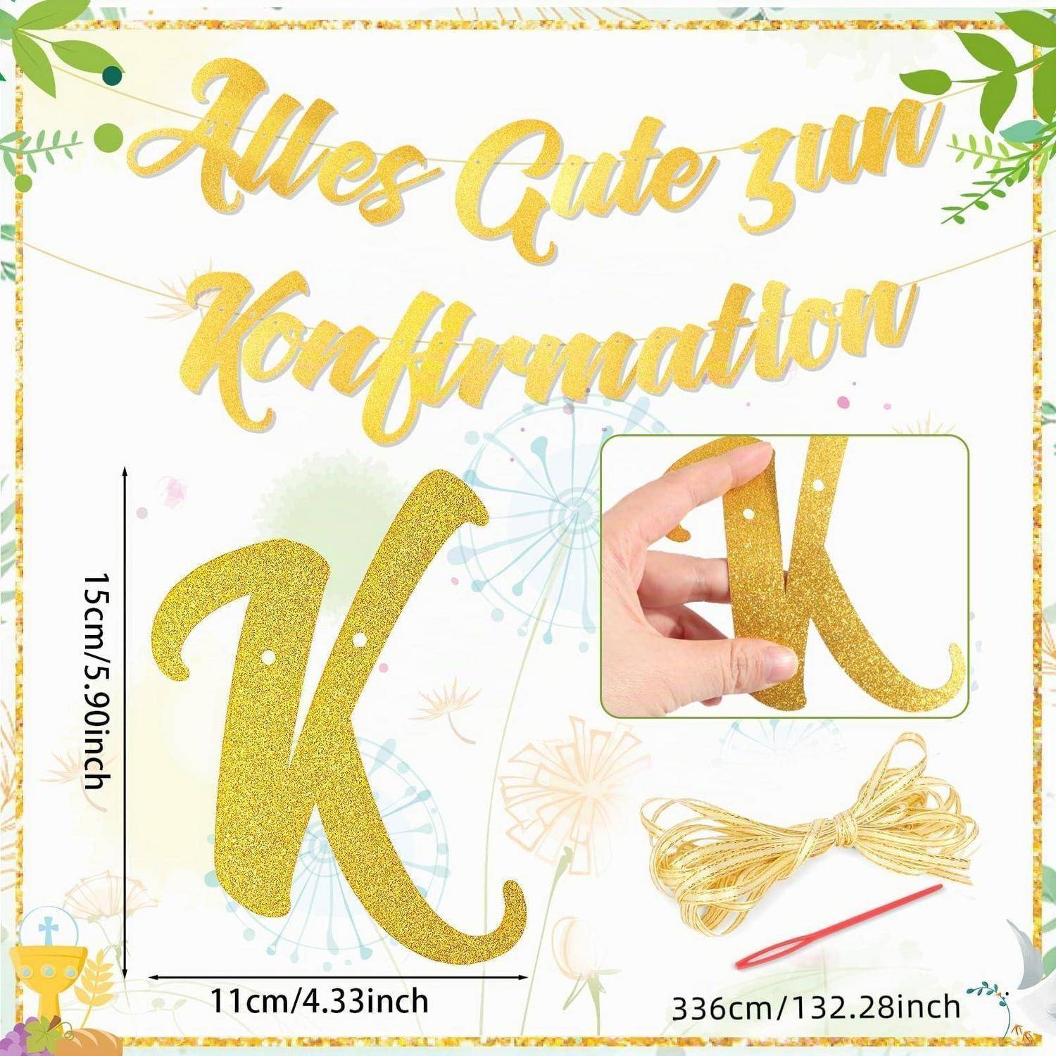 Goldglitter-Buchstabe 'K' für eine 'Alles Gute zum Geburtstag'-Dekoration, mit einer Hand, die den Buchstaben hält, Größenetiketten und inklusive Schnur und Nadel.