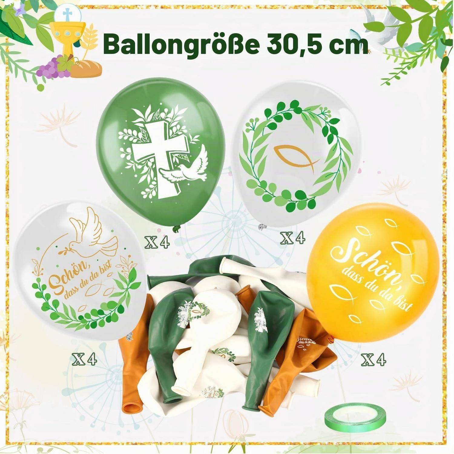 Produktbild mit einem Ballonset von 30,5 cm: vier grüne, weiße und gelbe Ballons mit christlichen Taufmotiven und dem Text „Schön, dass du da bist" und „x4"".