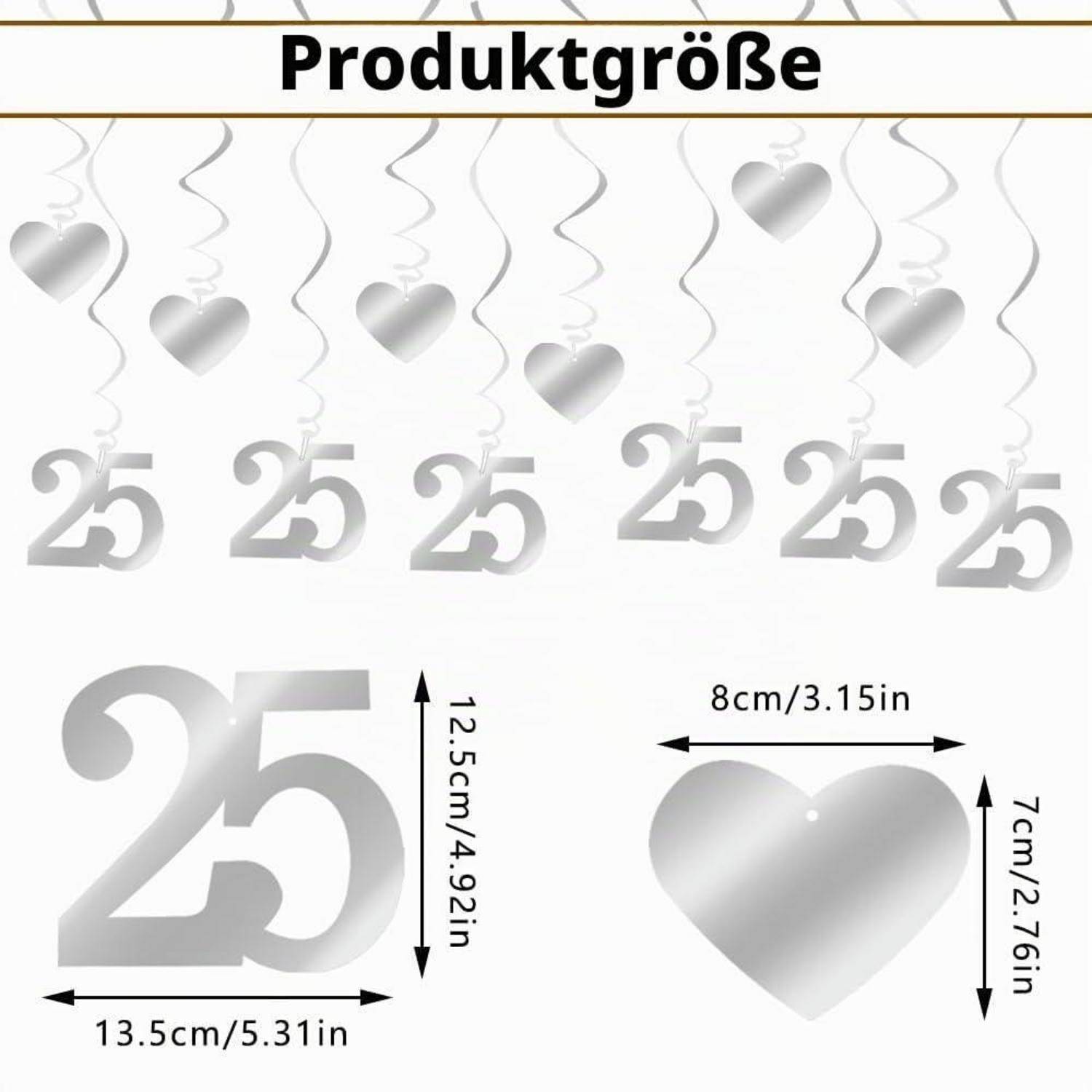Größentabelle für Produkte mit einer „25"-Ausschnitt und Herzornament-Größen: „25"" ist 13,5 cm breit und 12,5 cm hoch; Herz ist 8 cm breit und 7 cm hoch.