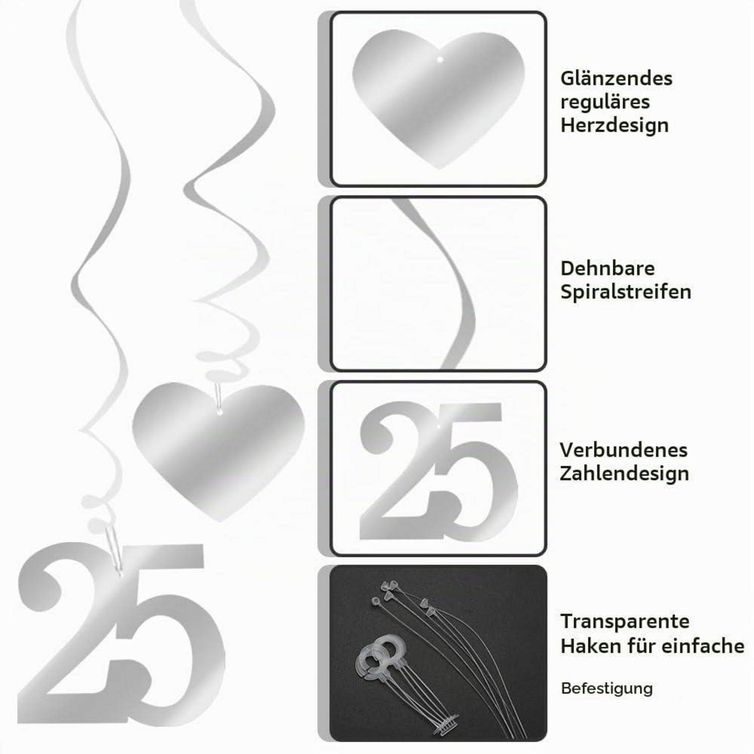 Infografik eines herzförmigen Ballons und eines Ballons mit der Zahl „25"; Beschriftungen heben das glänzende, reguläre Herzdesign, das dehnbare Spiralband, das verbundene Zahlendesign und transparente Haken zur einfachen Befestigung hervor.