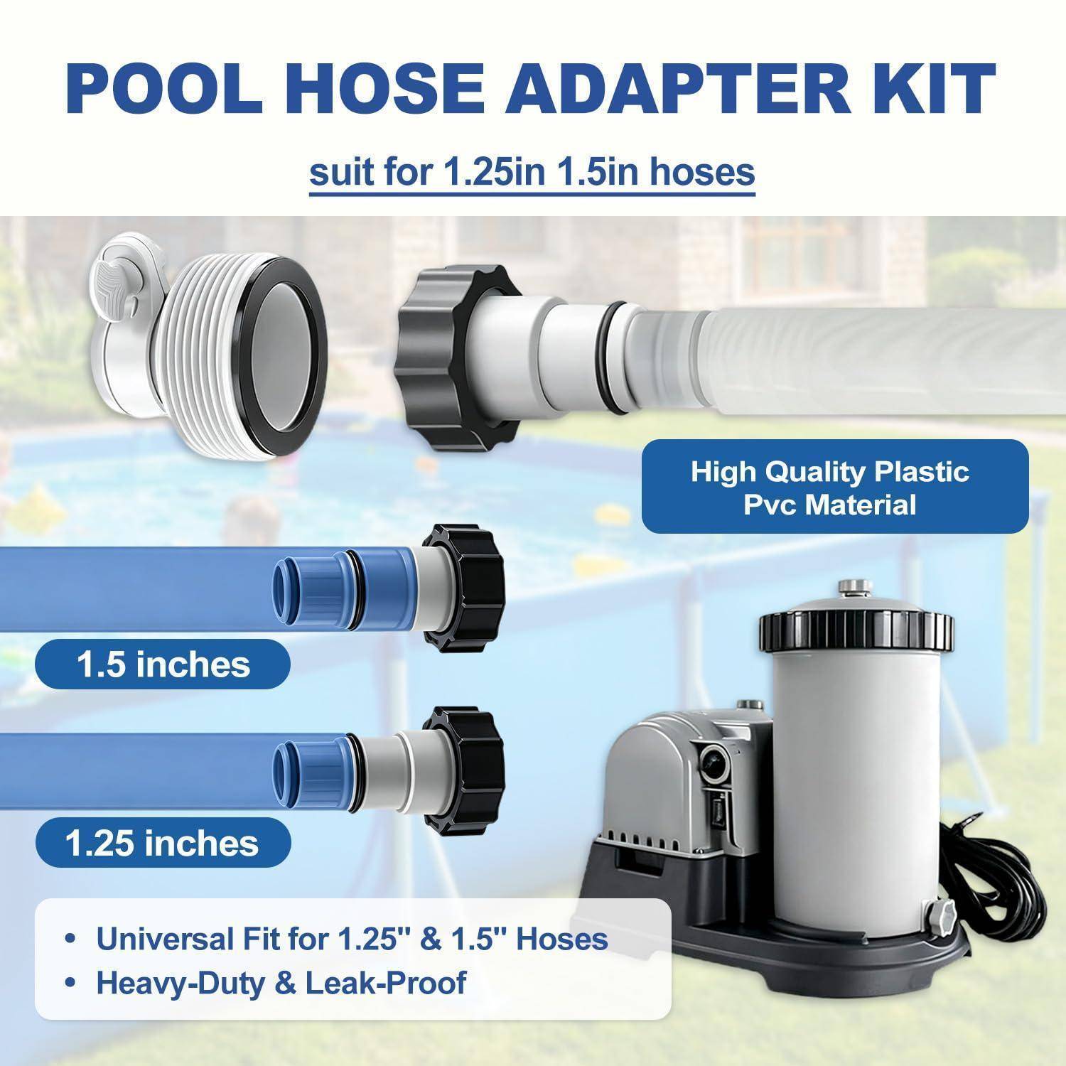 Poolschlauch-Adapter-Set für Schläuche mit 1,25 und 1,5 Zoll Durchmesser, gezeigt mit Adapter-Teilen, gekennzeichnet als „Hochwertiges Kunststoff-PVC-Material