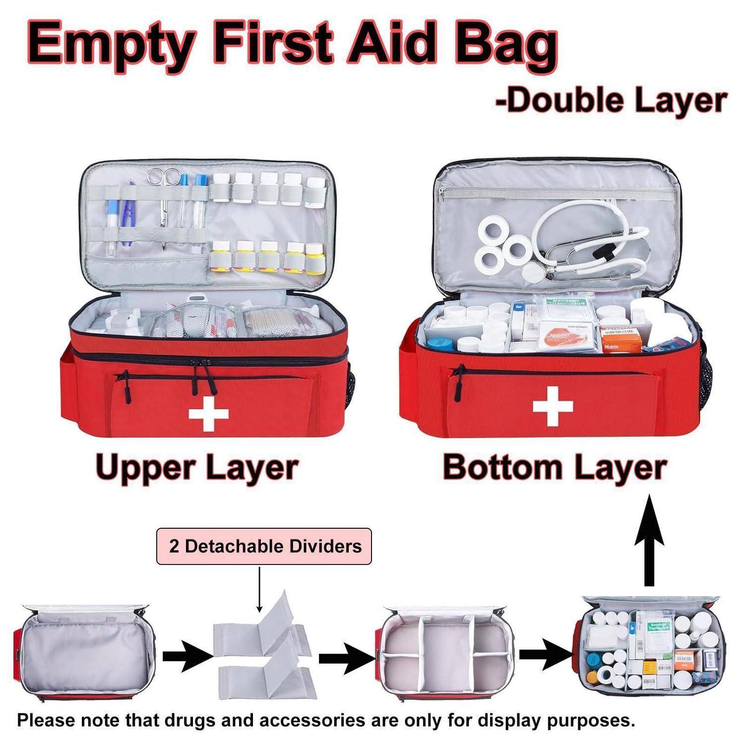 Illustration einer leeren roten Erste-Hilfe-Tasche mit doppelschichtigem Stauraum, die das obere und untere Fach sowie abnehmbare Trennwände zeigt; angezeigte Vorräte dienen nur als Beispiel.