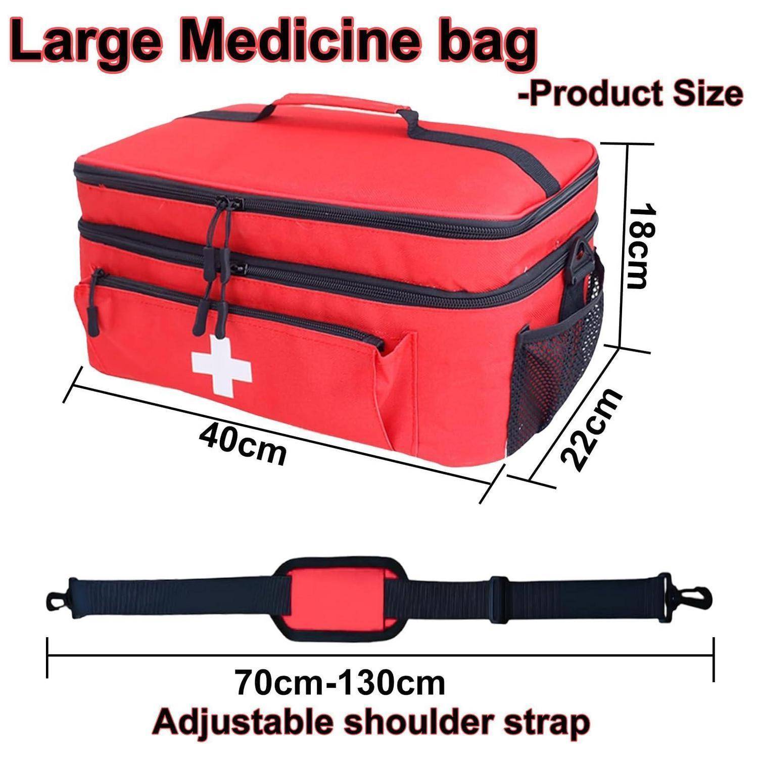 Große Arzneittasche mit den Abmessungen 40 cm × 22 cm × 18 cm und verstellbarem Schultergurt von 70 cm bis 130 cm.