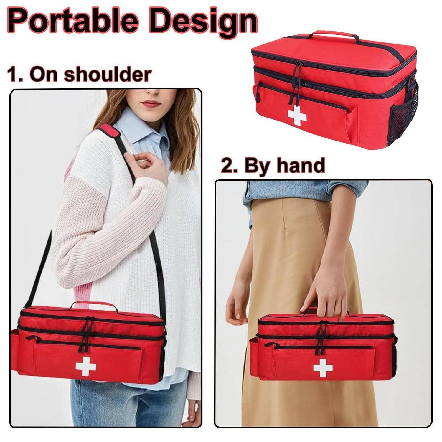 Tragbares Design einer roten Arzttasche mit weißem Kreuz, gezeigt zum Tragen über der Schulter oder in der Hand.