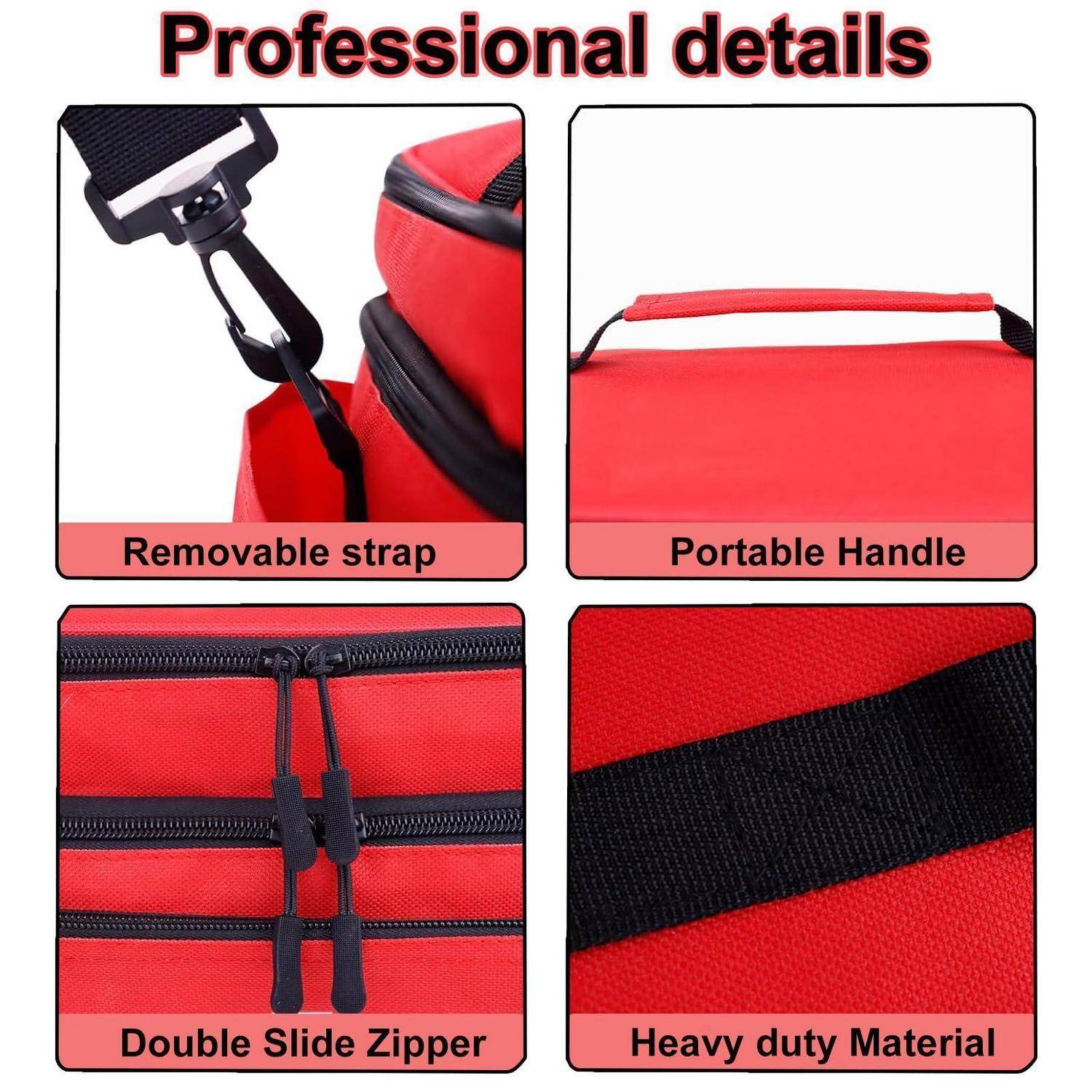 Produktdetail-Grafik, die eine rote Tasche mit den Funktionen „Abnehmbarer Riemen", „Tragbarer Griff"", „Doppelschieber-Reißverschluss"" und „Strapazierfähiges Material"" zeigt.