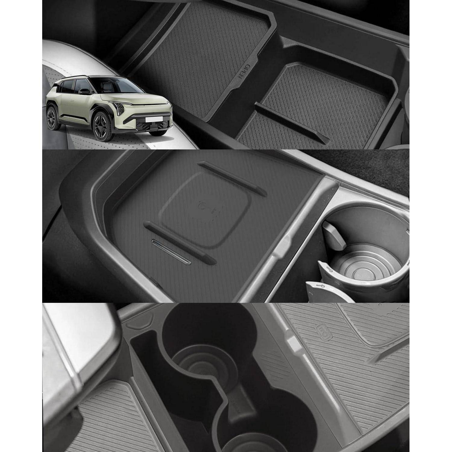Collage mit den Ablagefächern der mittleren Konsole eines SUV und Getränkeholdern mit angepassten Gummieinsätzen und erhöhten Kanten für Organisation und Verschüttschutz.
