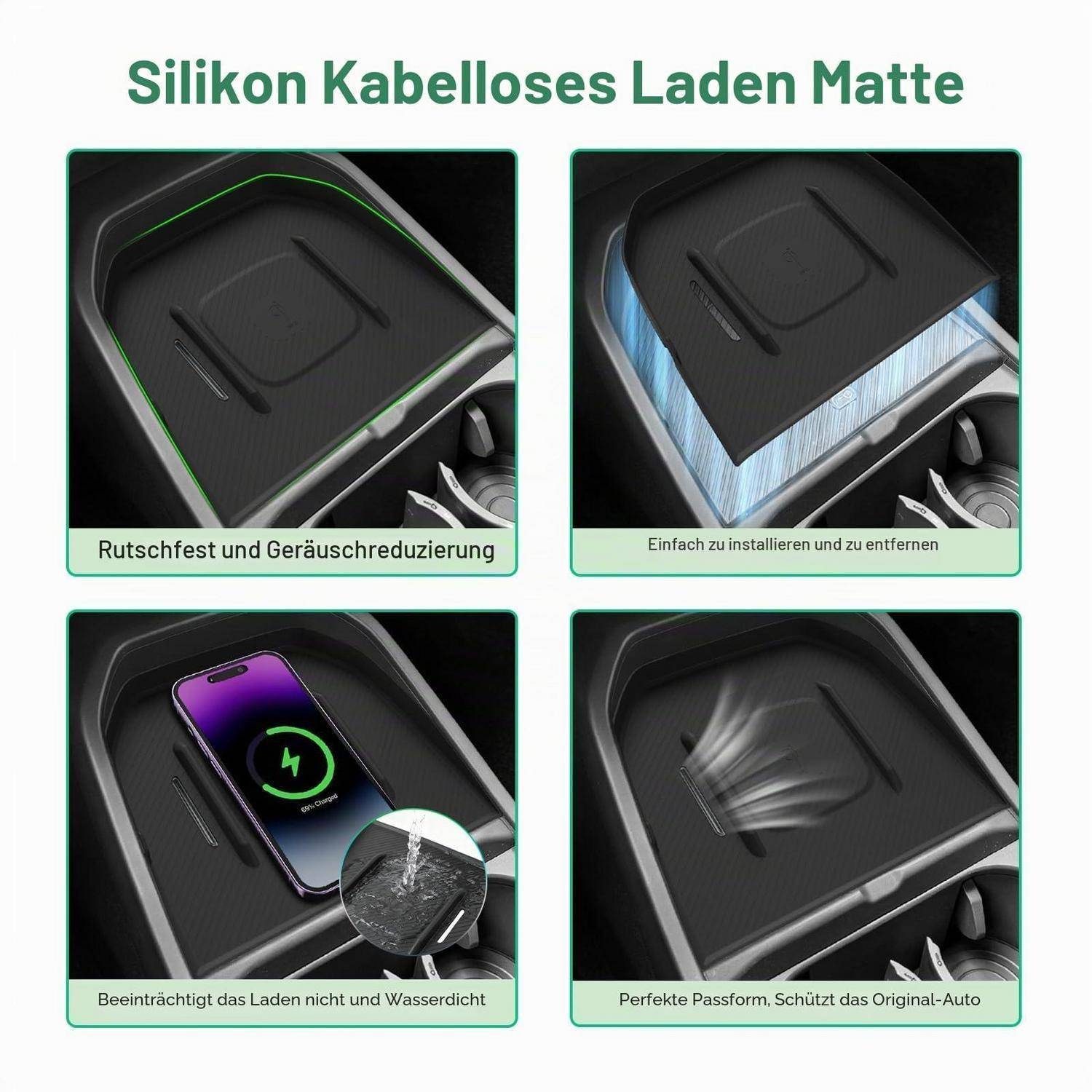 Produkt-Anzeige für eine schwarze kabellose Silikon-Laadematte mit vier Ansichten, die rutschfest, einfache Installation, wasserdichtes Design und eine maßgeschneiderte Passform hervorheben, die das Original-Autoinnenraum schützt.
