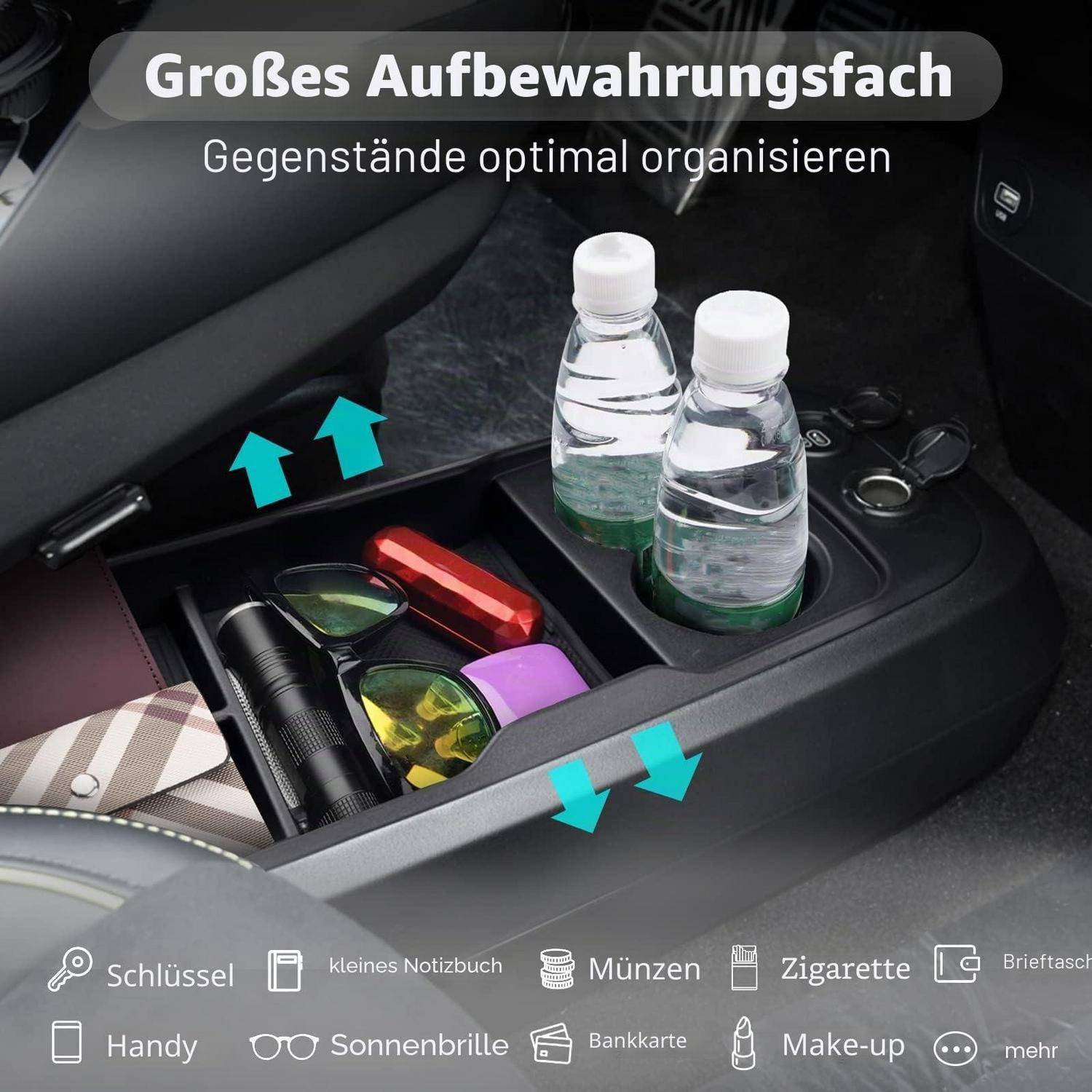 Autokonsolen-Organizer mit großem Aufbewahrungsfach für Wasserflaschen, Sonnenbrillen, Taschenlampe, Geldbeutel, Schlüssel, Telefon, Münzen, Make-up und Zigaretten.