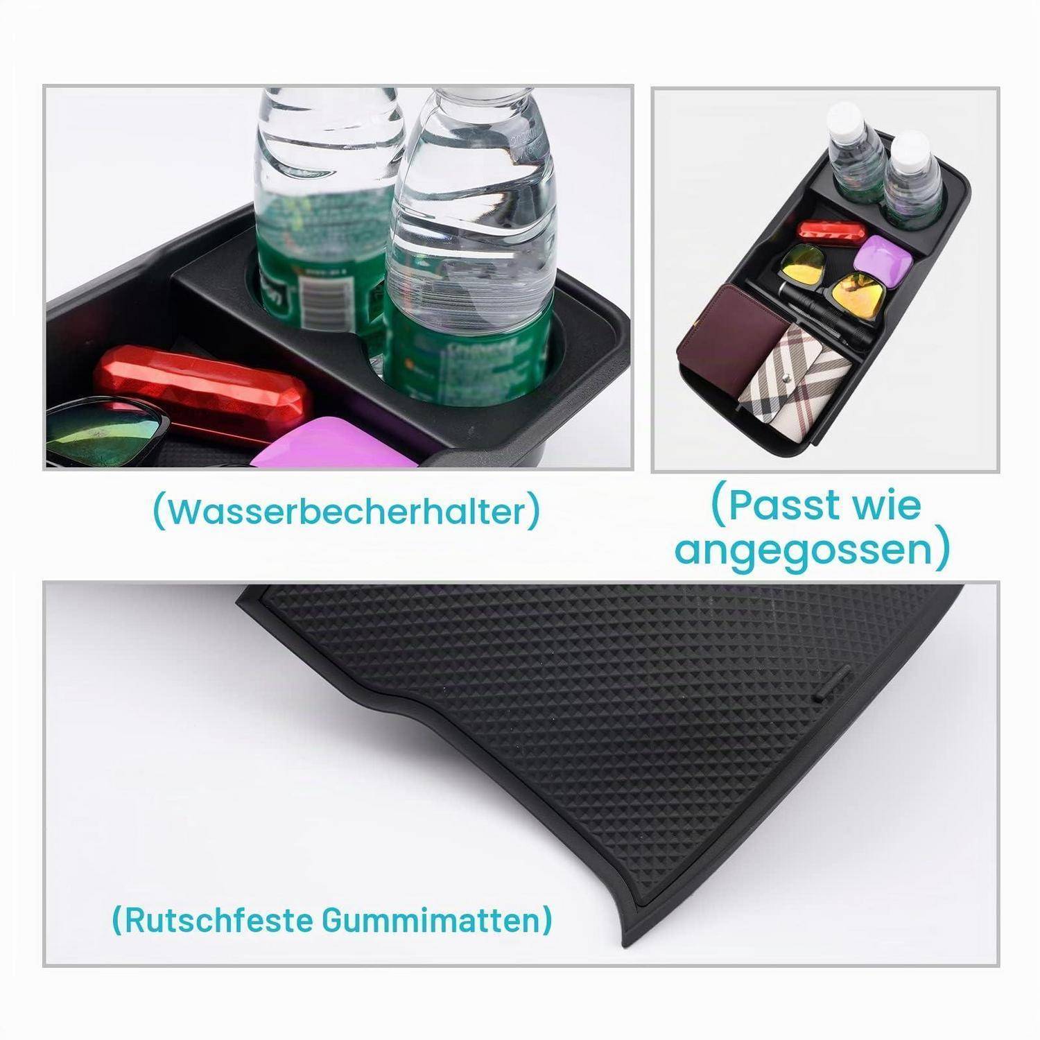 Schwarzer Tablett-Organizer mit Flaschenhaltern für Wasserflaschen, kleinen Fächern und einer strukturierten rutschfesten Gummimatte, dargestellt in Nahaufnahmen mit deutschen Beschriftungen.
