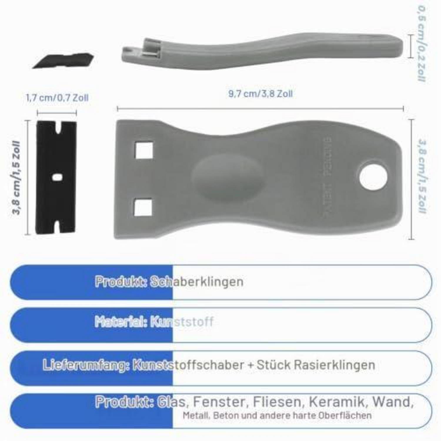 # Produktbild eines Kunststoffschabers mit austauschbarer Rasierklinge, gekennzeichnet auf Deutsch mit Abmessungen und Verwendung für Glas, Fenster, Fliesen, Keramik, Wände, Metall und Beton.