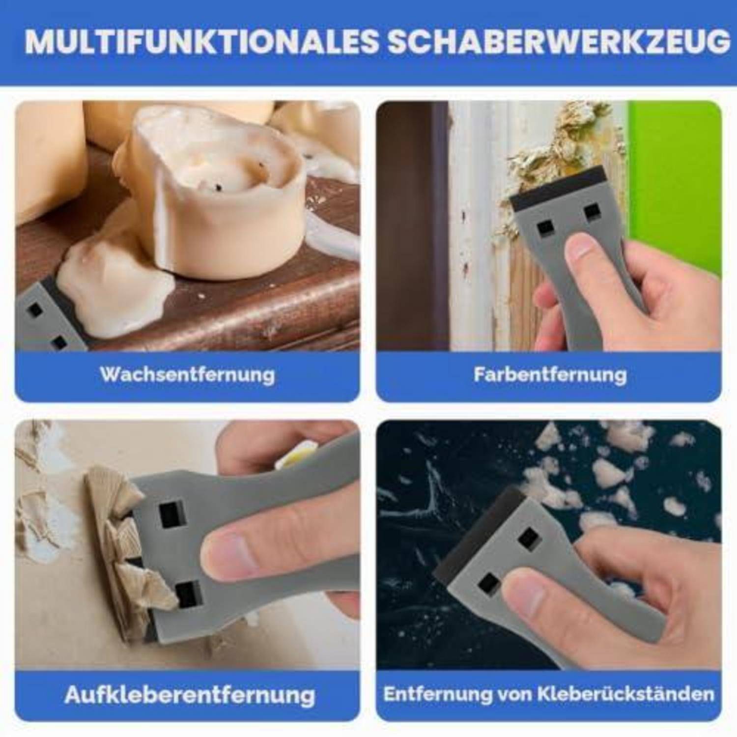 Mehrzweck-Kratzer-Werkzeug Werbegraik mit vier Anwendungen: Wachsentfernung, Farbentfernung, Aufkleberentfernung und Klebrückstnde-Entfernung.