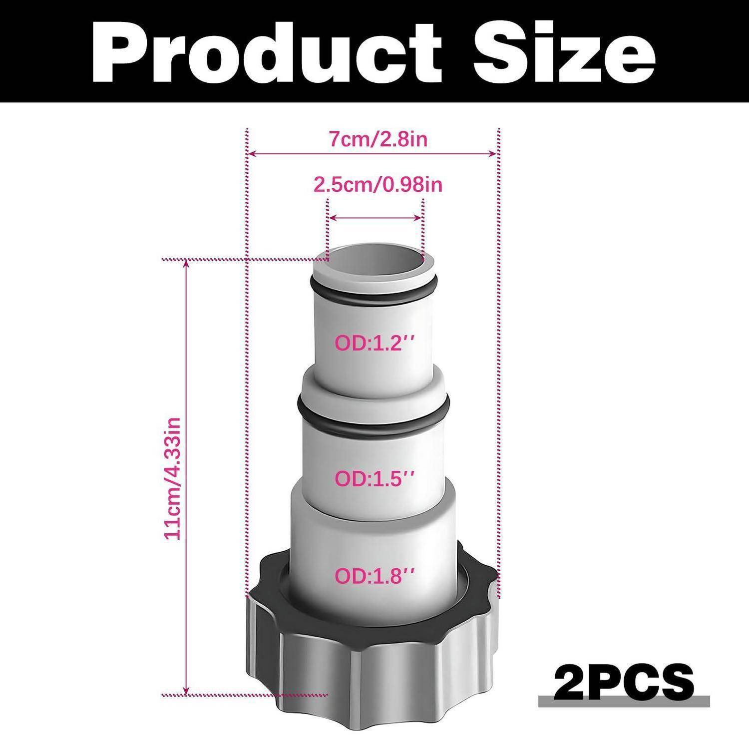 Produktgrößendiagramm einer zweiteiligen gestuften zylindrischen Verbindung, die eine Gesamthöhe von 11 cm/4,33 Zoll, eine obere Breite von 2,5 cm/0,98 Zoll und Durchmesser von 1,2, 1,5 und 1,8 Zoll zeigt.