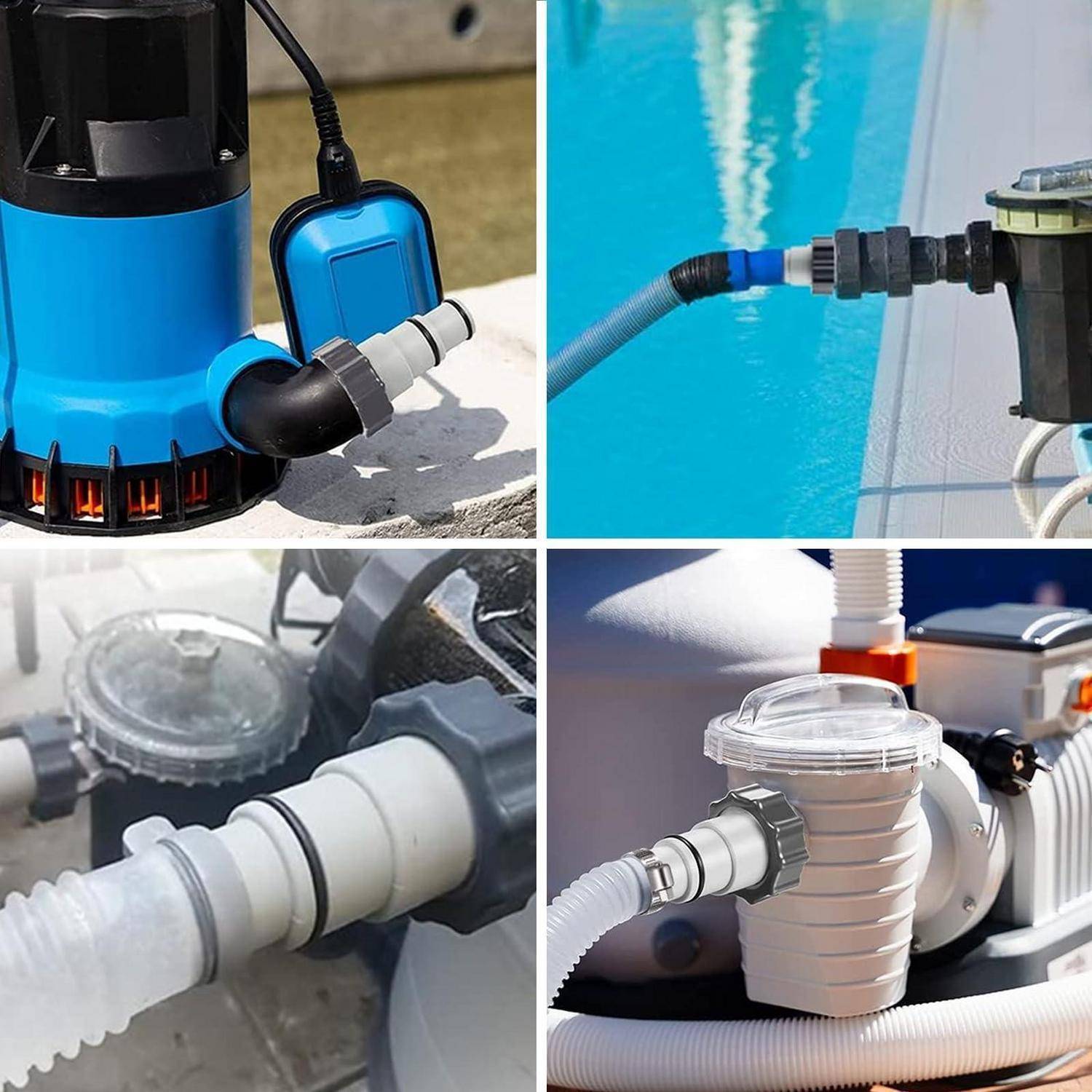 Collage eines Poolpumpen-Vakuumadapters und einer Schlauchverbindung, das zeigt, wie man einen Vakuumschlauch an ein Poolfiltrationssystem anschließt.