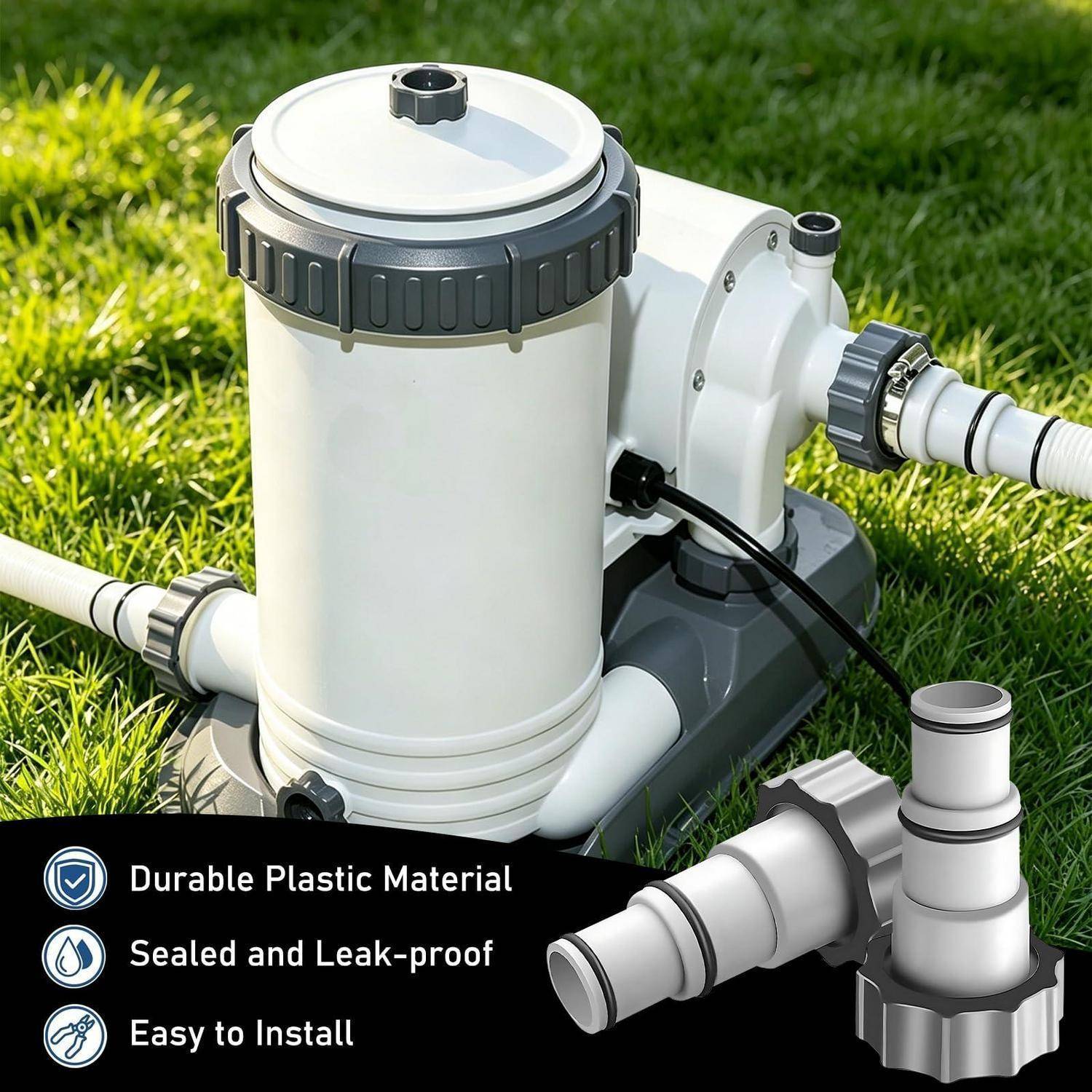 Poolfilter-Pumpe mit weißem Kunststoffgehäuse und Schlauchverbindungen auf Gras; Overlay-Text listet 