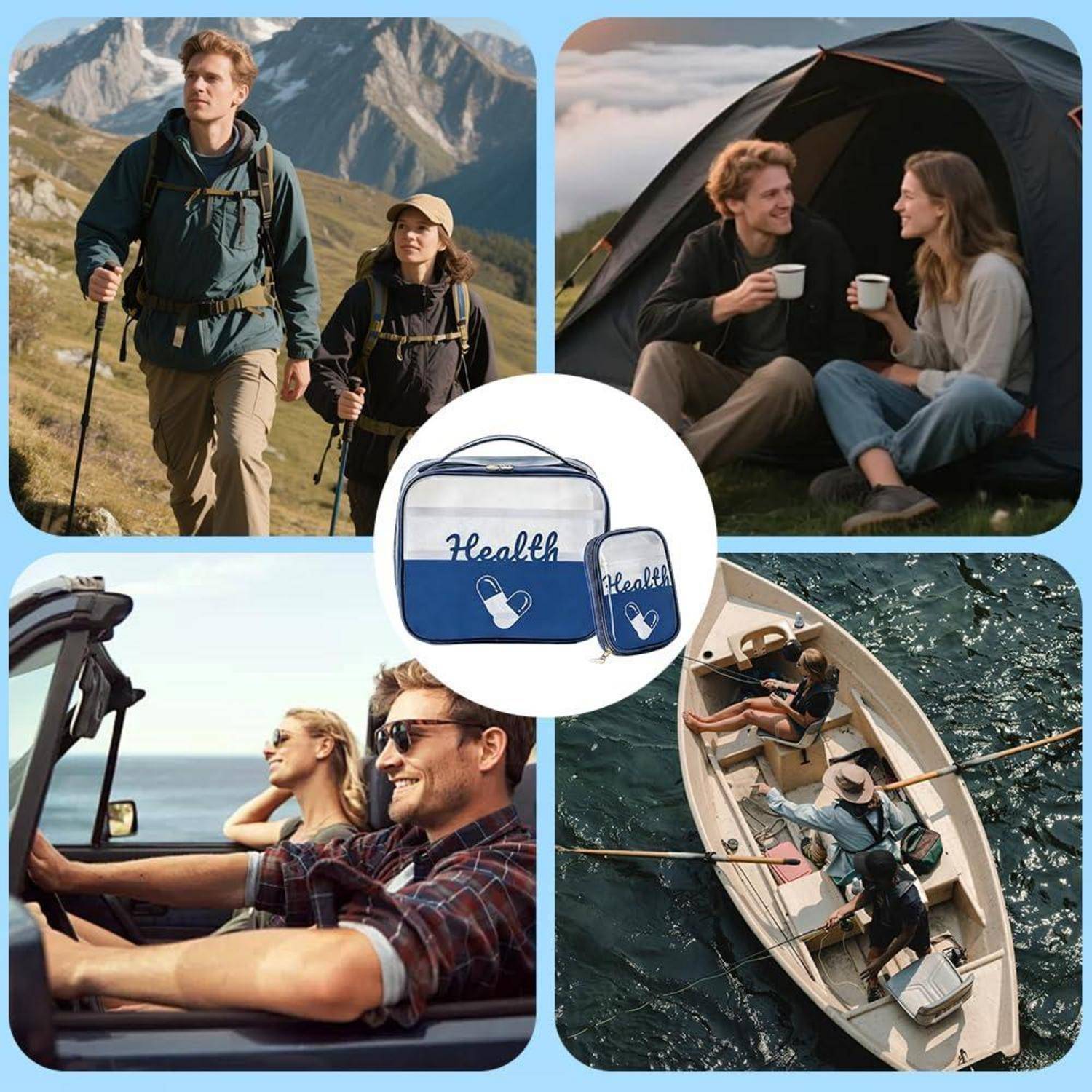 Collage von Outdoor-Abenteuern: Wanderer in den Bergen, Paar beim Camping, Freunde in einem Cabrio unterwegs und zwei Personen in einem Ruderboot, zentriert auf eine blaue "Health""-Reisetasche und ein Täschchen.