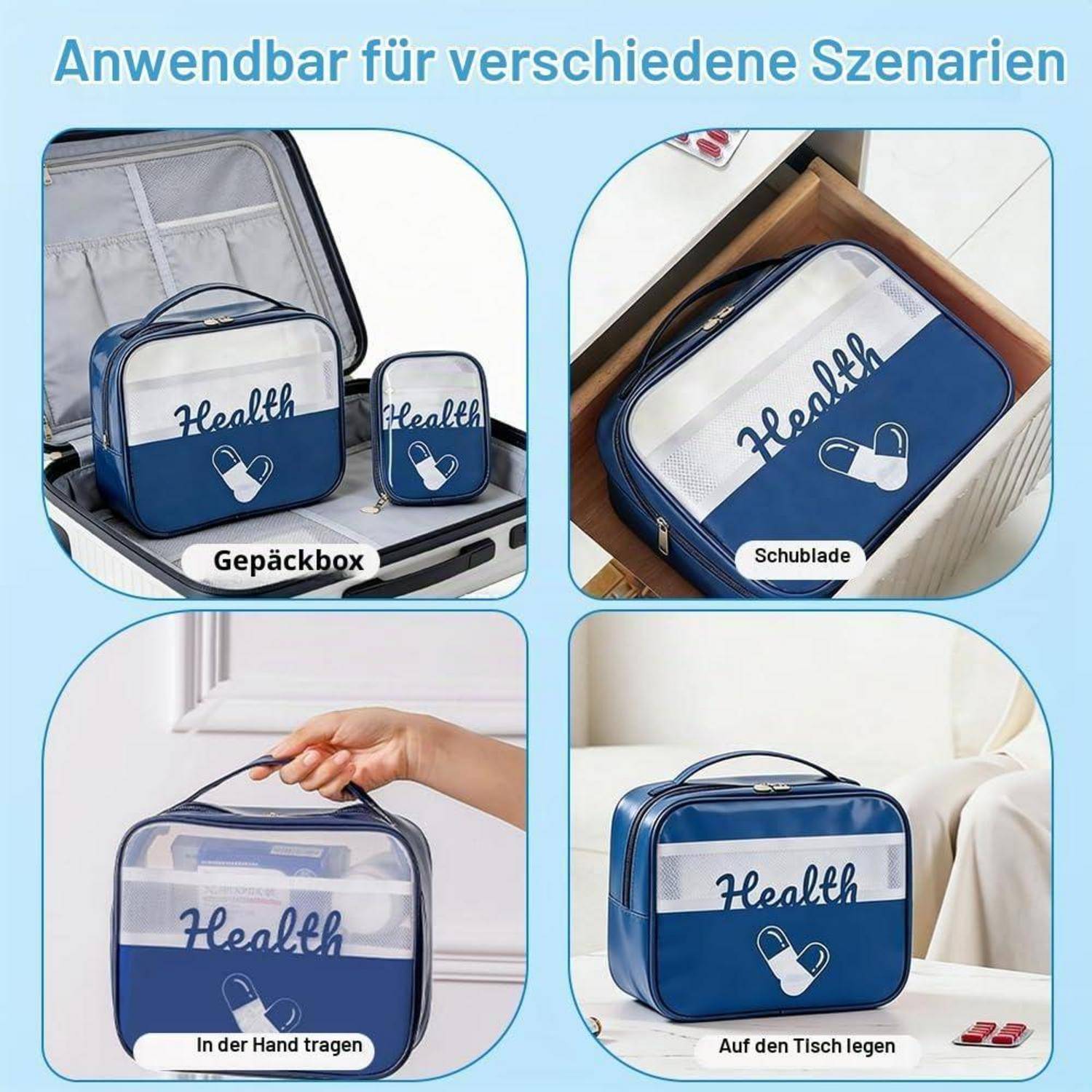 Vierteiliges Produktbild, das eine blau-durchsichtige "Health""-Toilettentasche in einem Koffer, einer Schublade, in einer Hand und auf einem Tisch zeigt, beschriftet auf Deutsch als Gepäckbox, Schublade, von Hand tragen und auf den Tisch stellen.