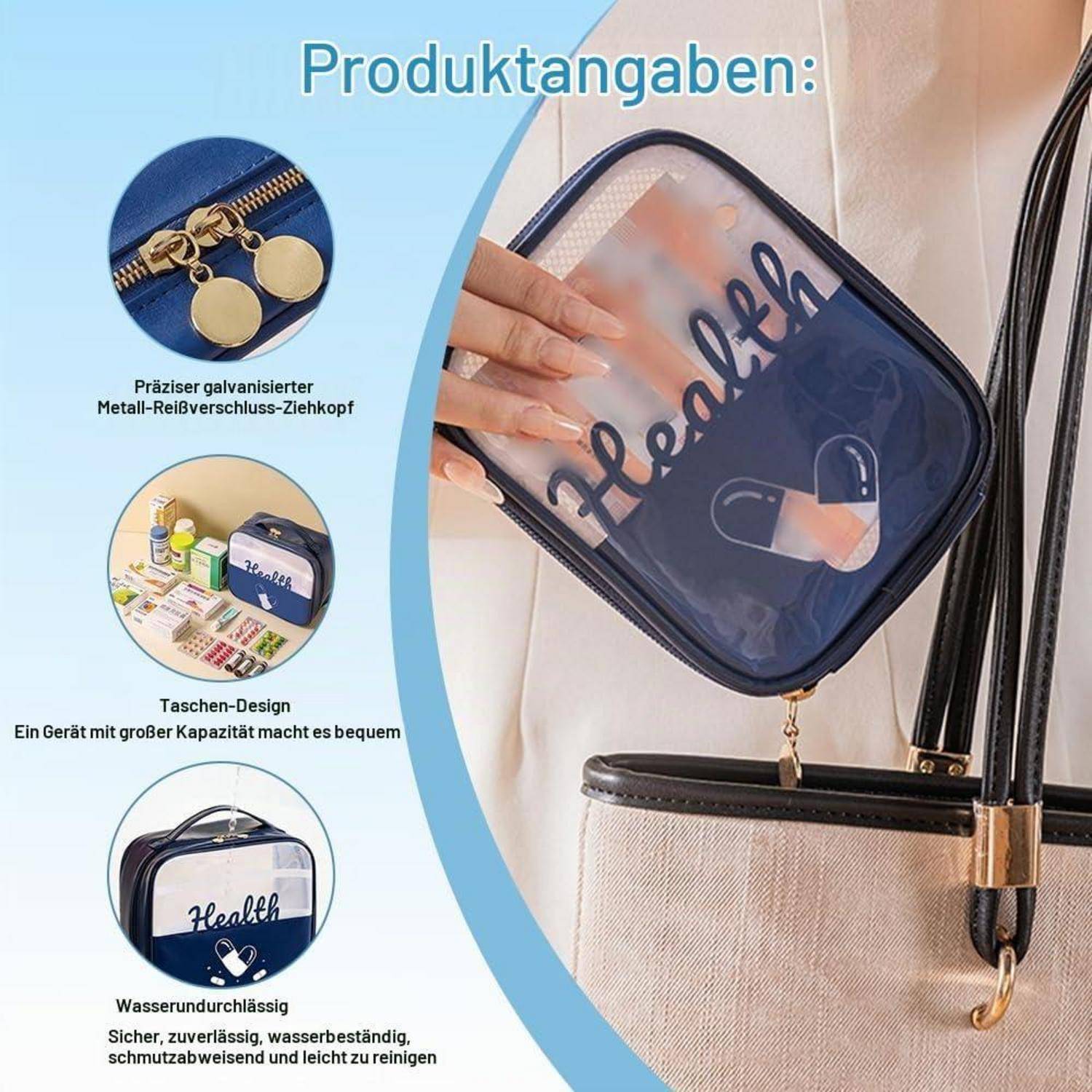 Werbebild einer transparenten Handtasche mit Reißverschluss, schwarzen Kanten und goldenem Reißverschluss, mit der Bezeichnung „Gesundheit", gezeigt mit deutschen Produktmerkmalen für Fassungsvermögen, Undichtigkeitsbeständigkeit und einfache Reinigung.