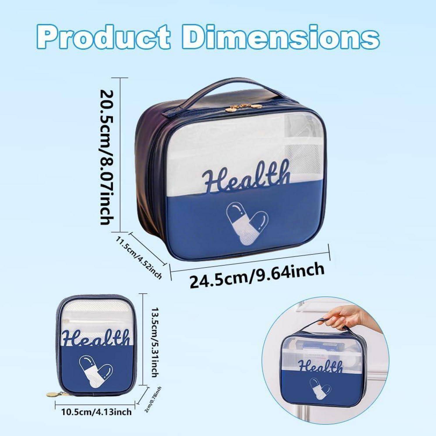 Produktabmessungen für eine blau-weiße "Health"" Arzttasche: 24,5 cm breit, 20,5 cm hoch, 11,5 cm tief; kleinere Ansicht zeigt 10,5 cm mal 13,5 cm.