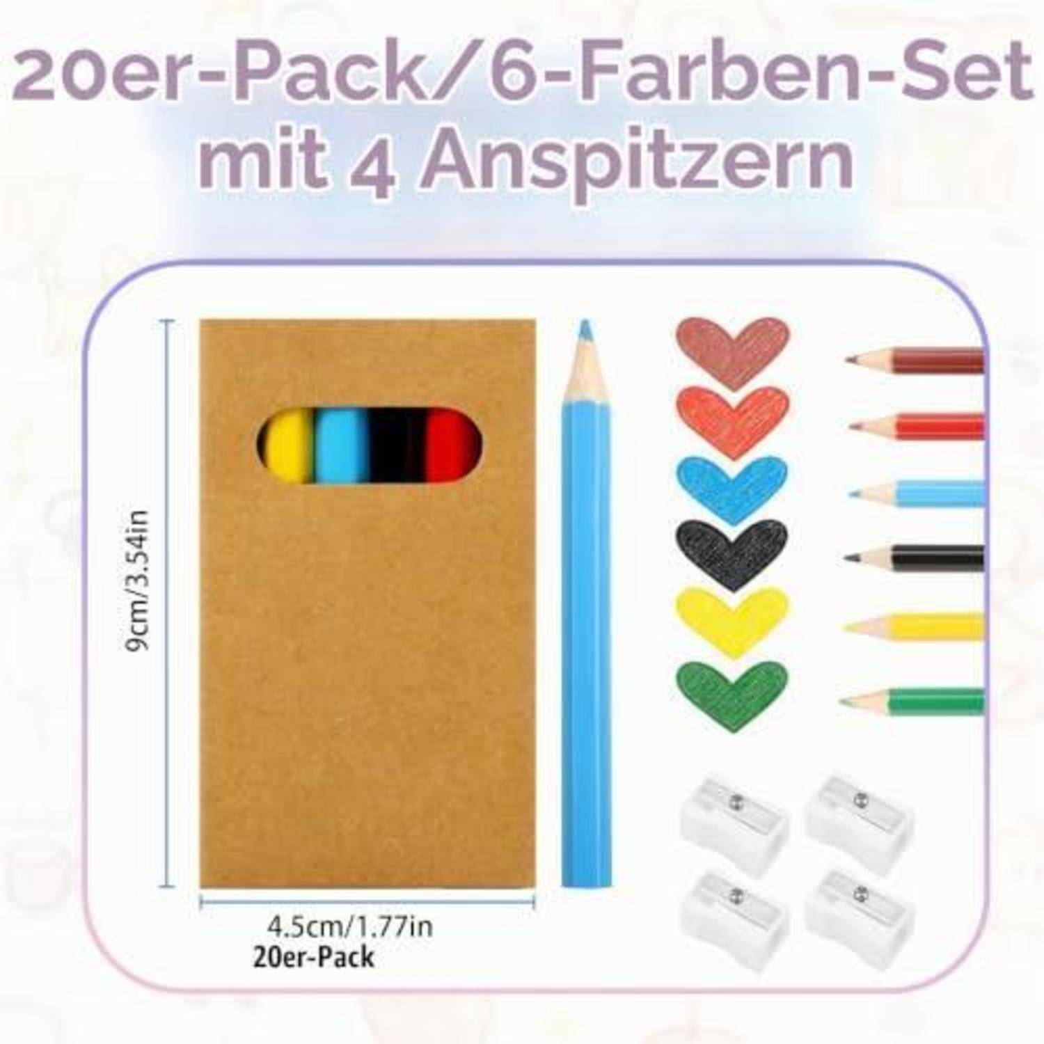 Produktbild eines 20er-Sets farbiger Bleistifte mit 4 Spitzern, das die braune Verpackung, einen blauen Bleistift, sechs Farbmuster und vier weiße Spitzer zeigt.