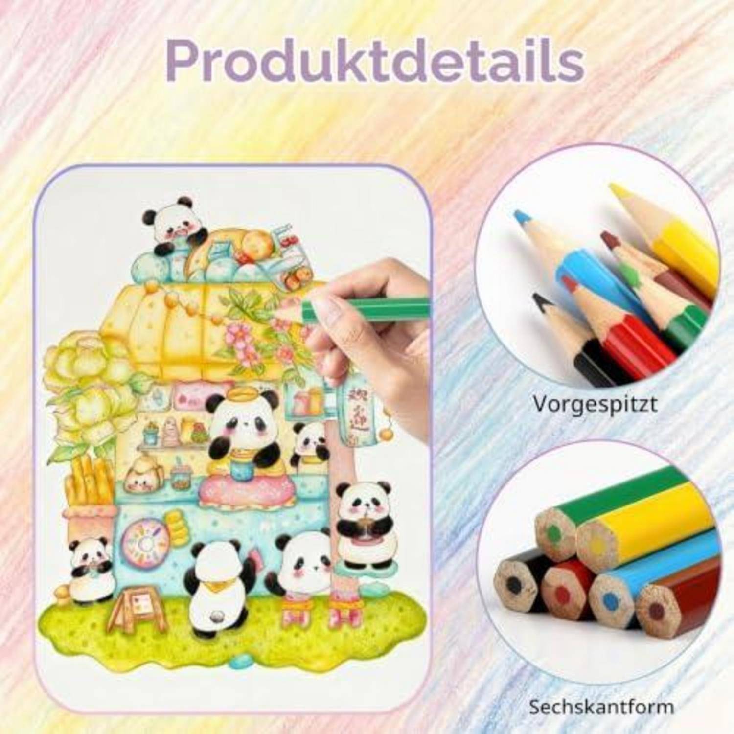 Produktdetails-Grafik, die vorgespitzte sechskantige Farbstifte und ein süßes Panda-Ausmal-Muster zeigt; die Beschriftungen lauten „Vorgespitzt" und „Sechskantform"".