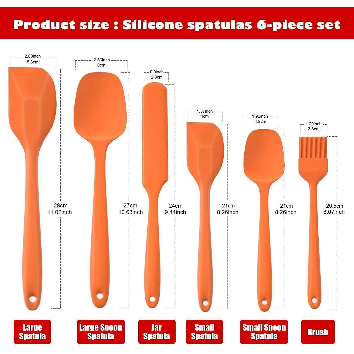 Größendiagramm für ein 6-teiliges Set aus orangefarbigen Silikon-Spachteln mit Messungen für sechs Werkzeuge: große Spachtel, großer Löffelspachtel, Gläser-Spachtel, kleine Spachtel, kleiner Löffelspachtel und Bürste.