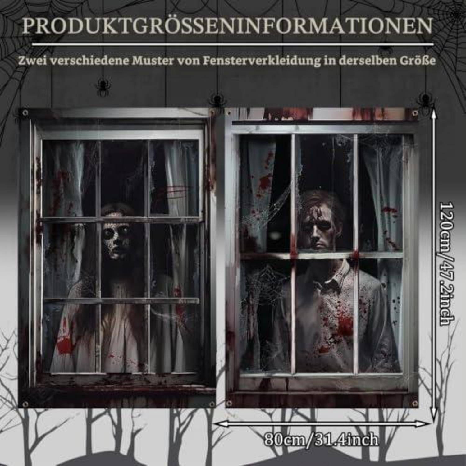 Halloween-Fenstergardinen-Grafik mit zwei gruseligen Fensterszenen in derselben Größe, gekennzeichnet mit 120 cm Höhe und 80 cm Breite.
