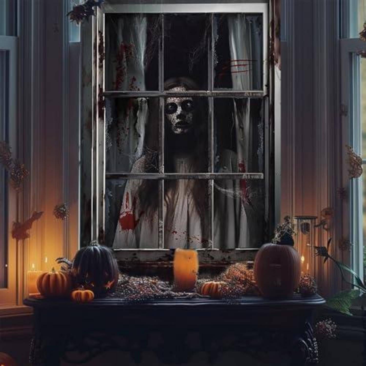 Gespenstische Gestalt mit Totenschädel-Gesicht steht hinter einem zerbrochenen Fenster, umrahmt von Halloween-Kürbissen und Kerzen auf einem dunklen Kaminsims.