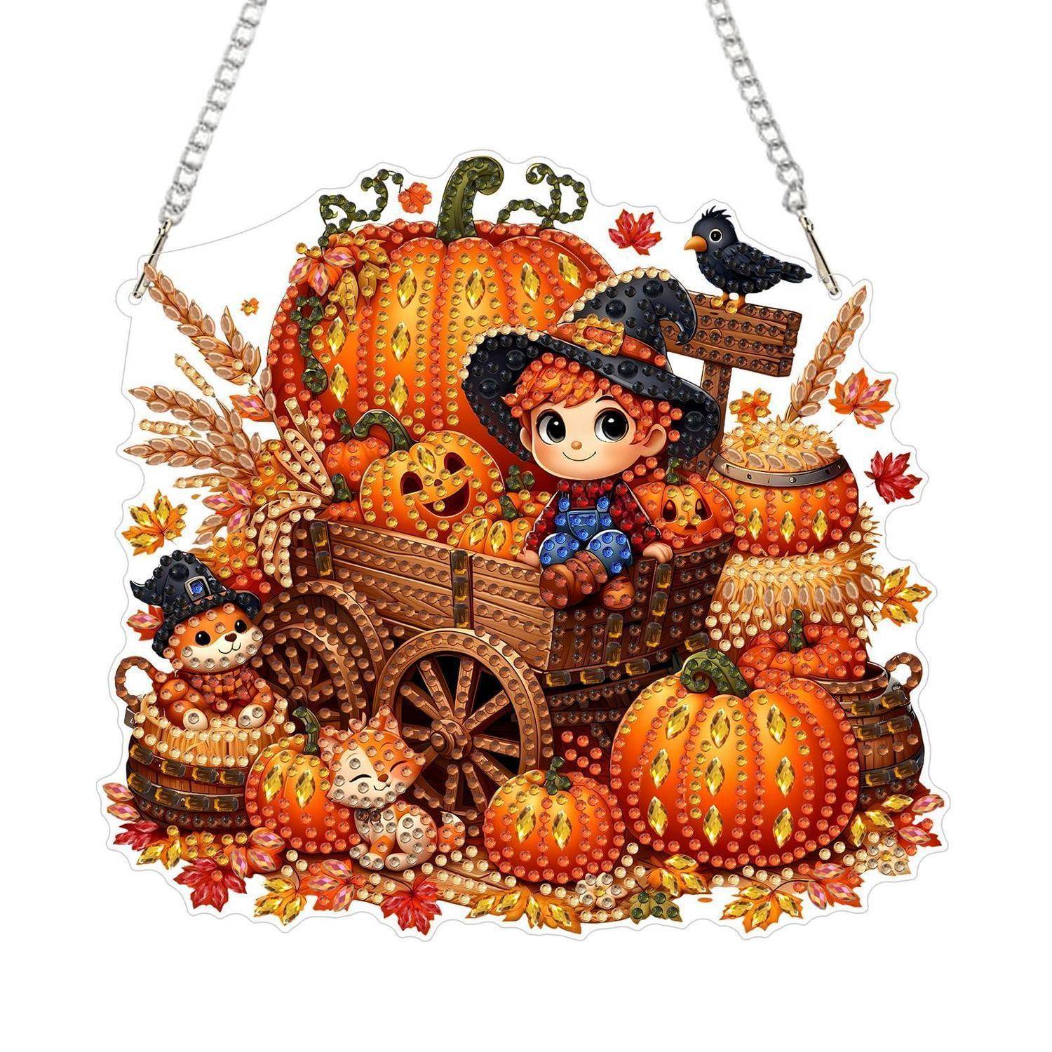 Ein herbstlich gestalteter Schmuck mit einem lächelnden Kind in einem Kürbishut, das in einem mit Kürbissen gefüllten Wagen sitzt, umgeben von Kürbissen, Blättern und Vögeln.